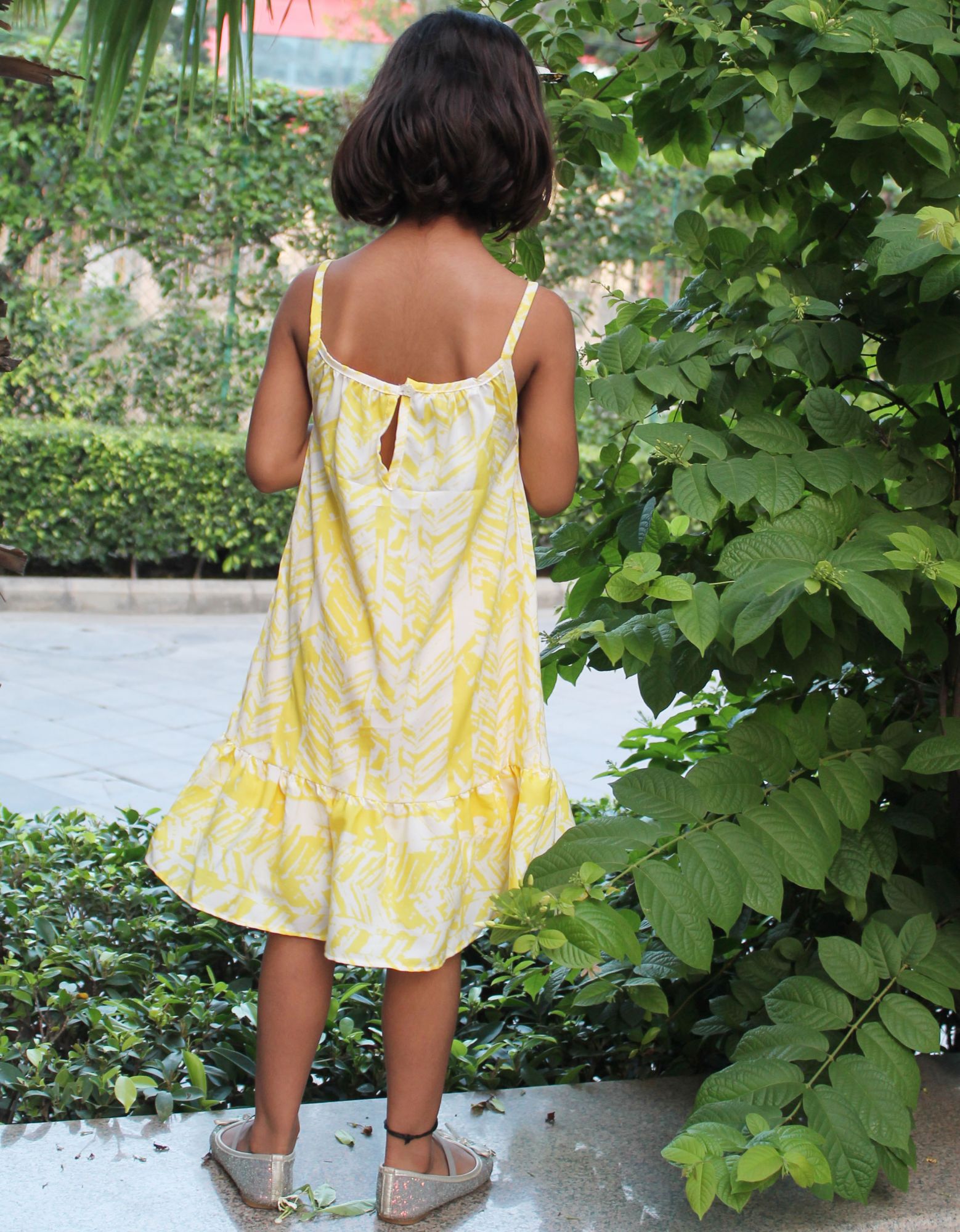 Woonie Sleeveless Floral Flared Frock-Yellow
