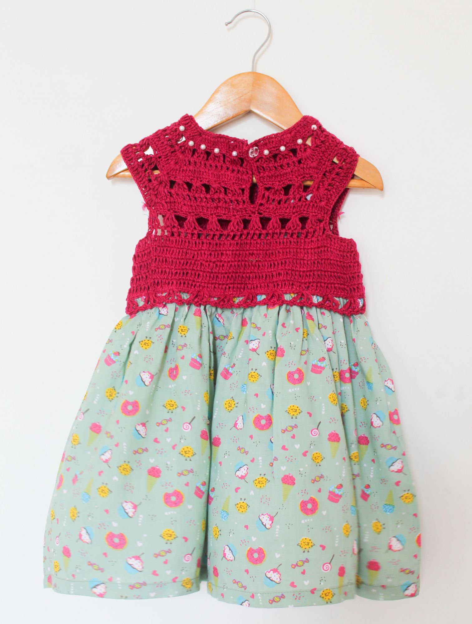 Woonie Sleeveless Crochet Pearl Embellished Printed Summer Dress - Pink