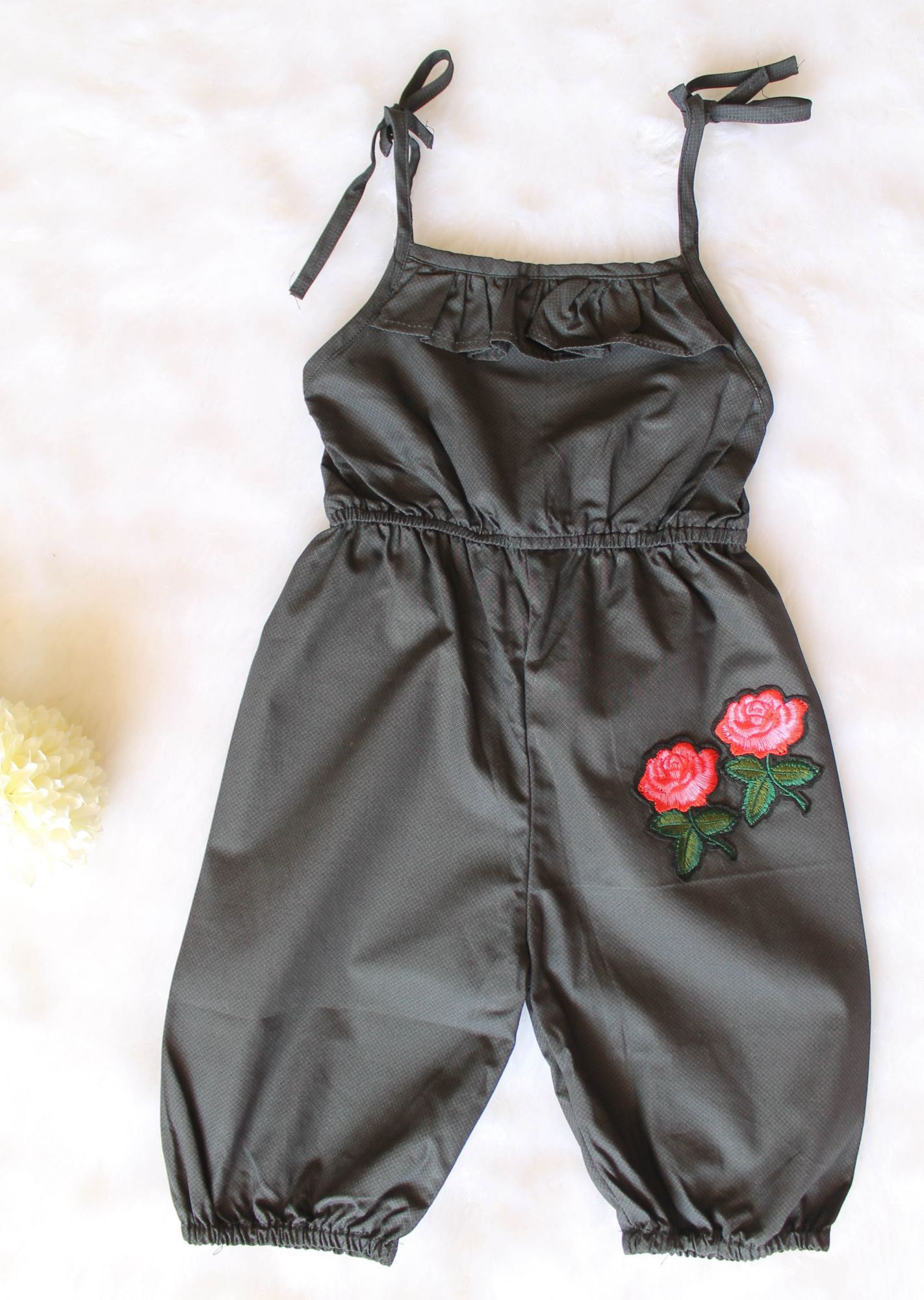 Woonie Sleeveless Rose Applique Jumpsuit-Dark Grey