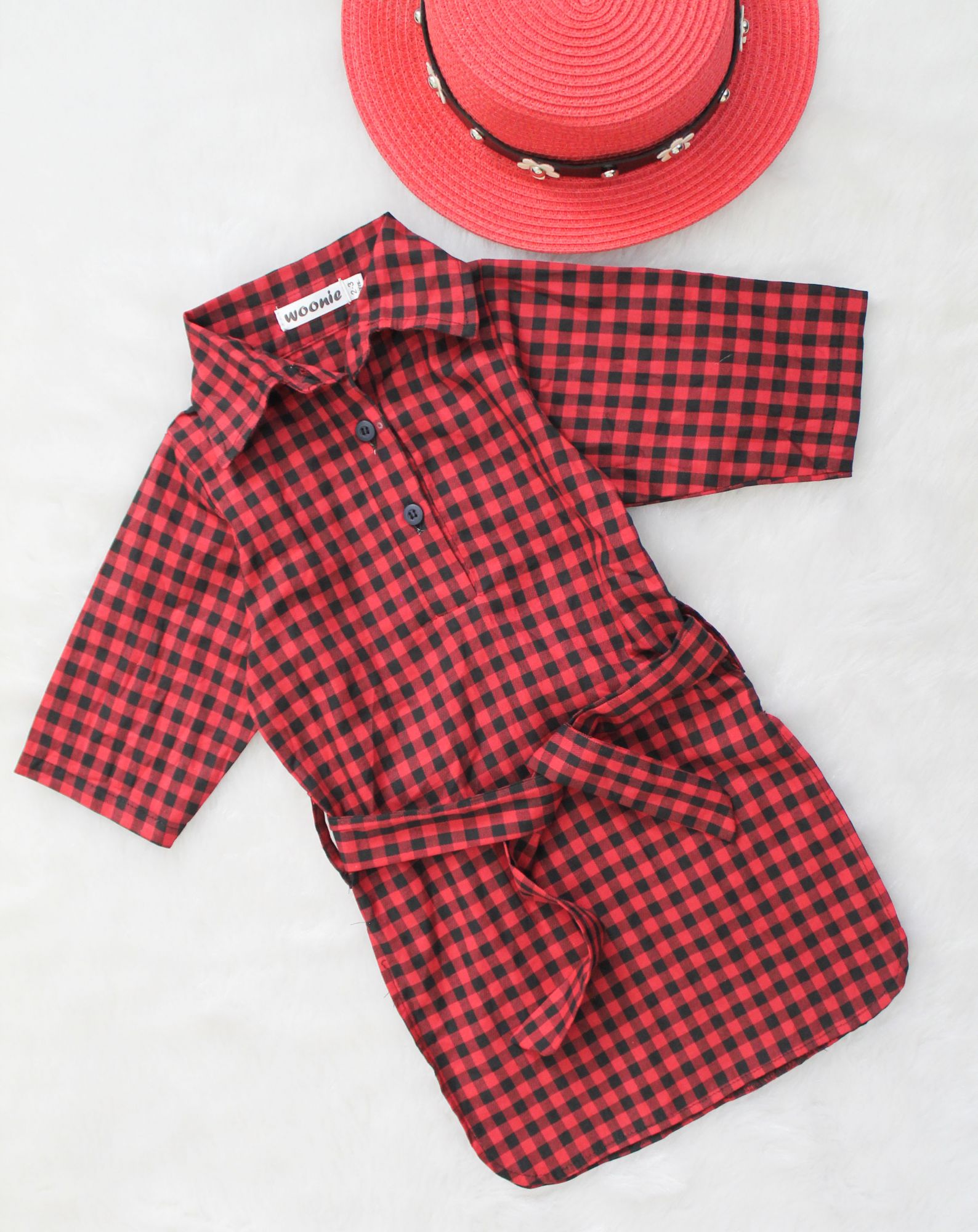 Woonie Half Sleeves Checked Single Dress-Red