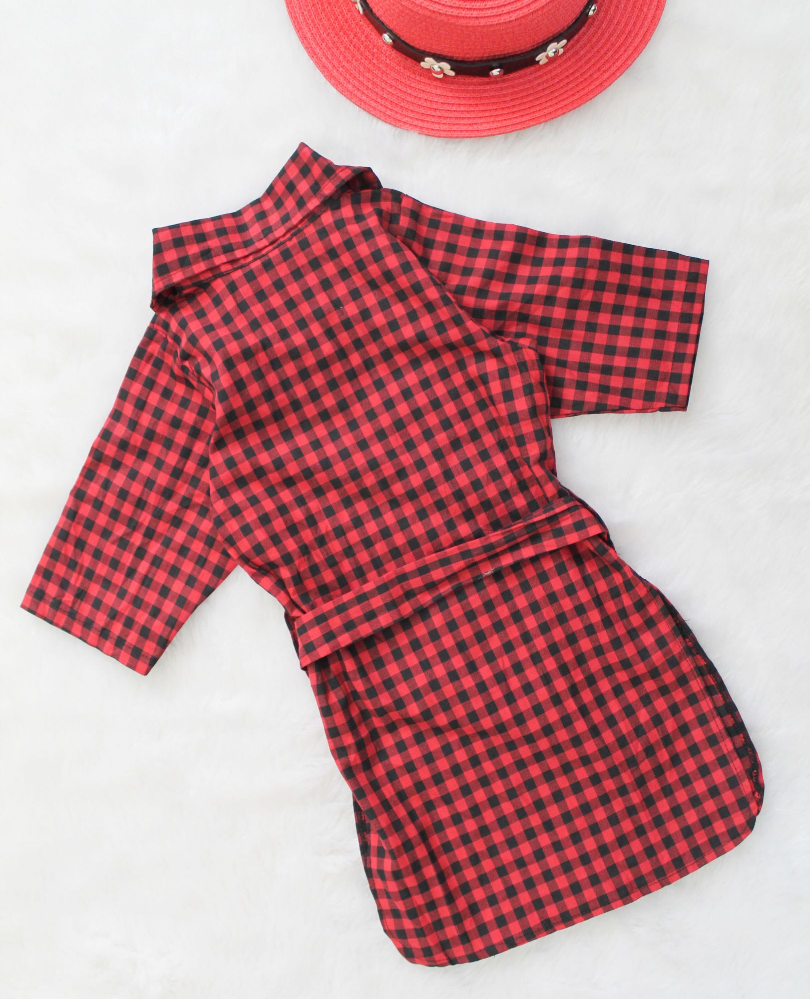 Woonie Half Sleeves Checked Single Dress-Red