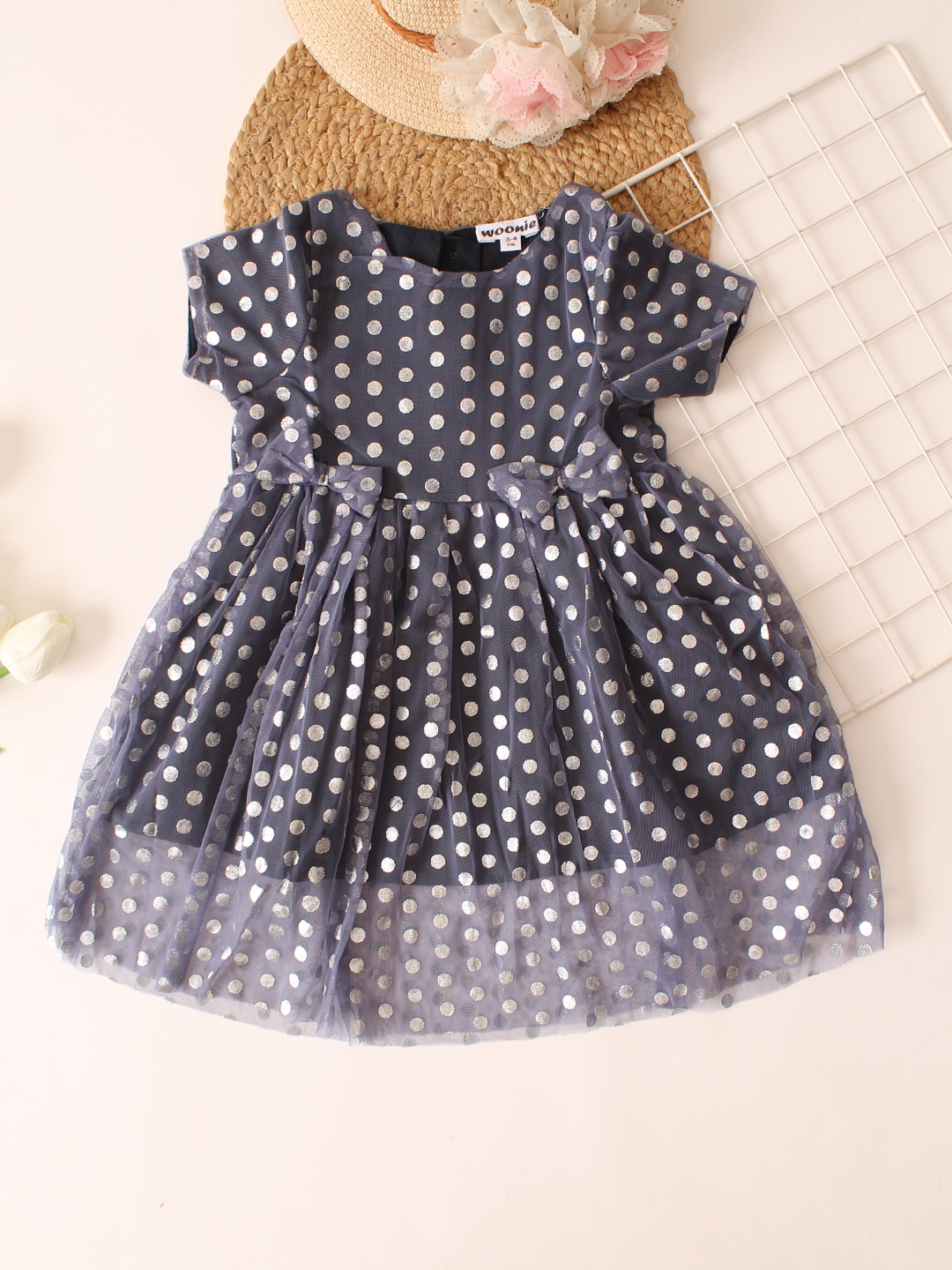 Polka Dot Printed Net Summer Frock - Navy