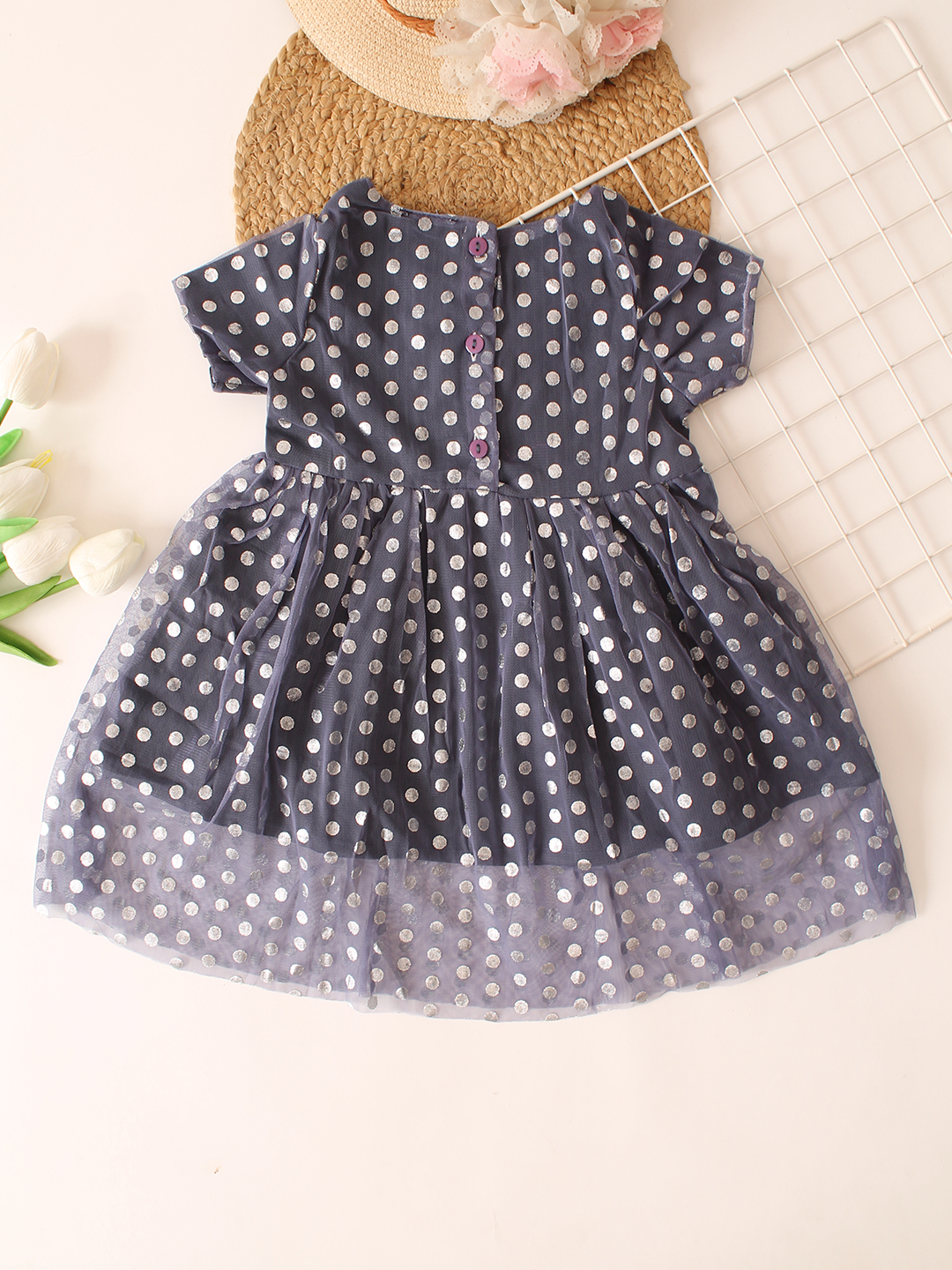 Polka Dot Printed Net Summer Frock - Navy