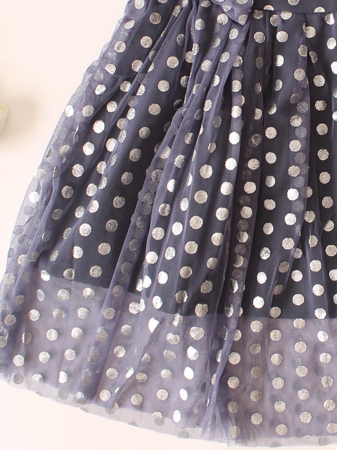 Polka Dot Printed Net Summer Frock - Navy