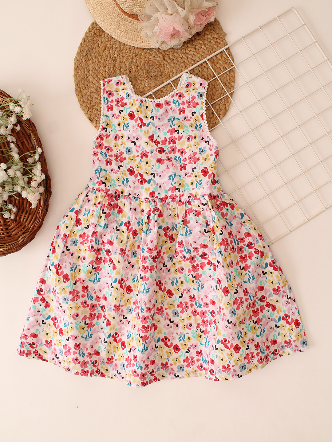 Smocking Detailed Floral Frock - White