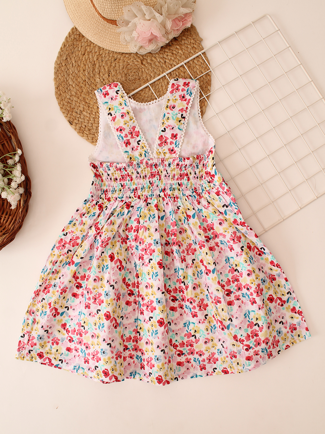Smocking Detailed Floral Frock - White