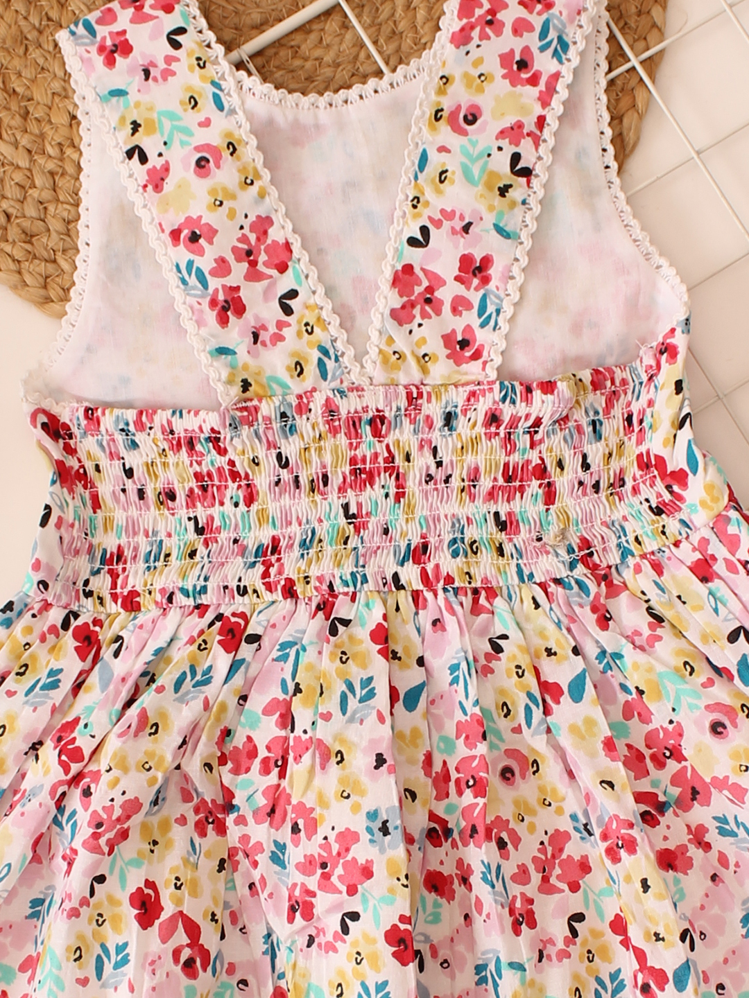 Smocking Detailed Floral Frock - White
