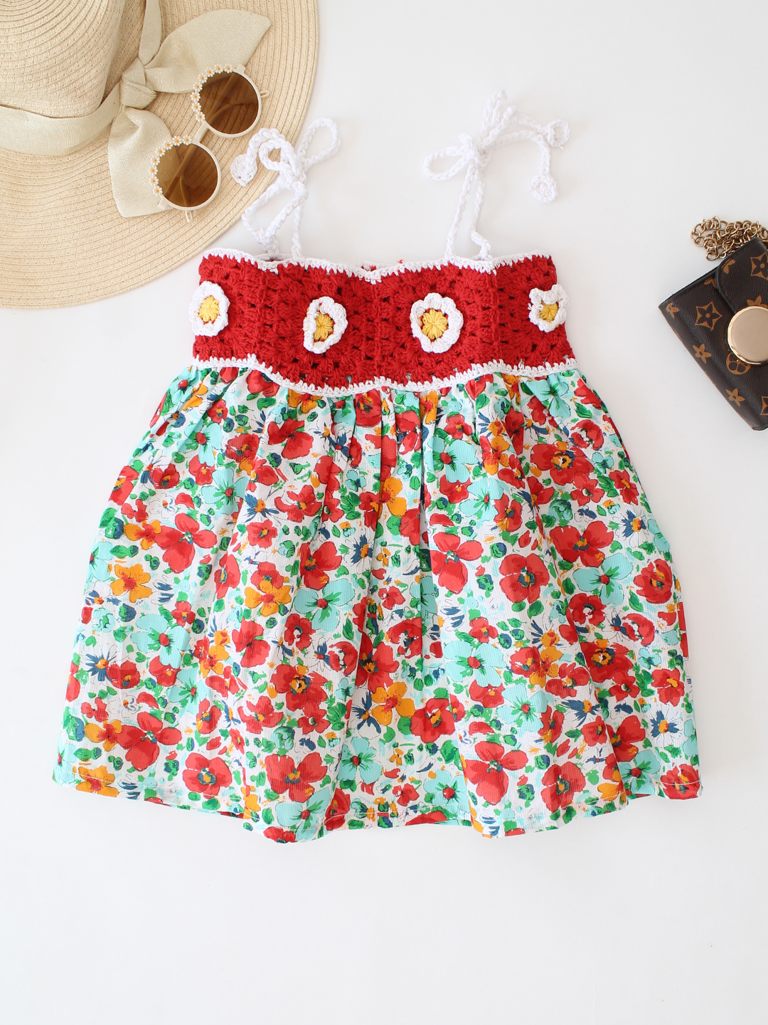Woonie Cotton Floral Printed Crochet Summer Dress - Red