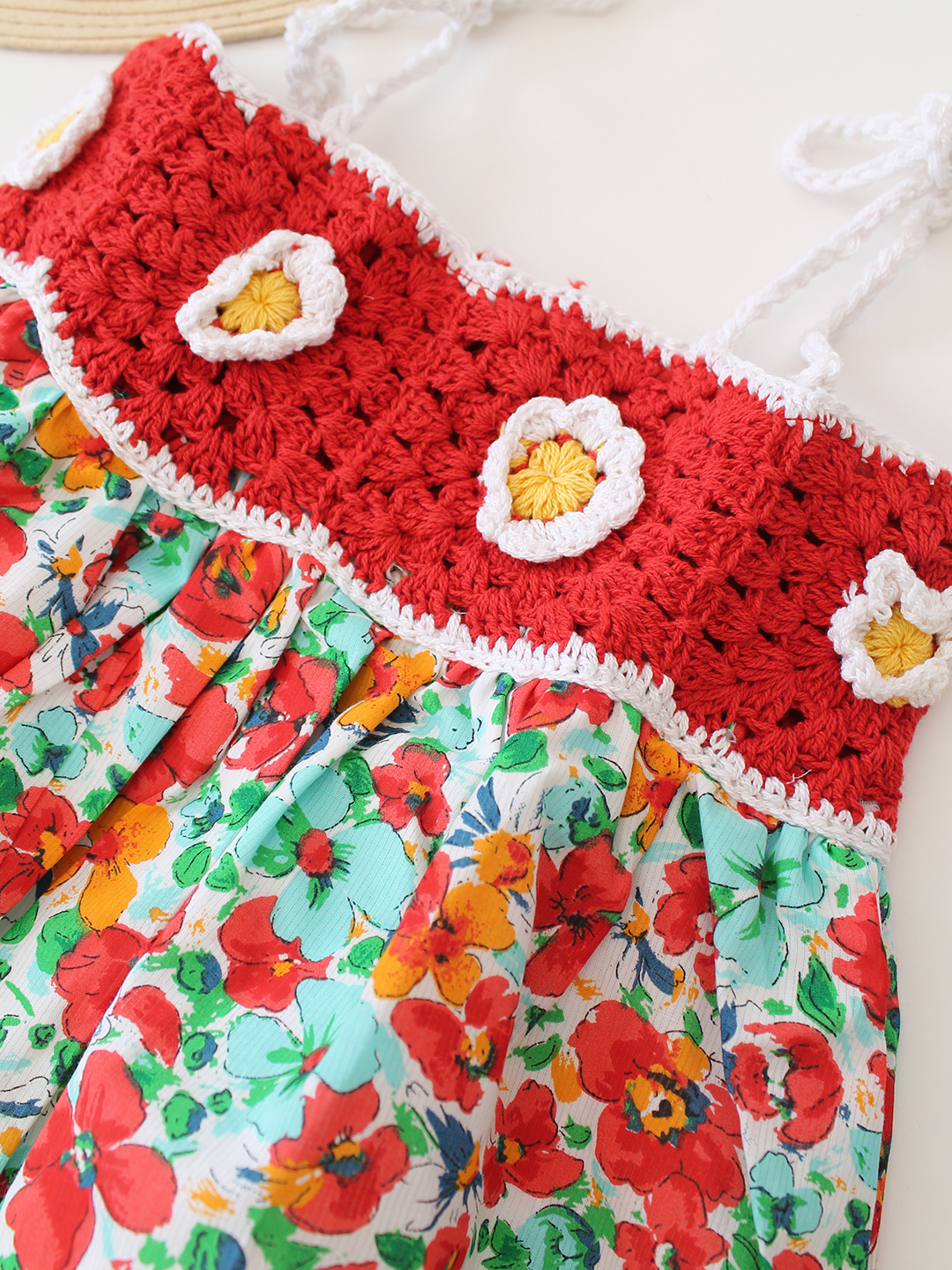 Woonie Cotton Floral Printed Crochet Summer Dress - Red