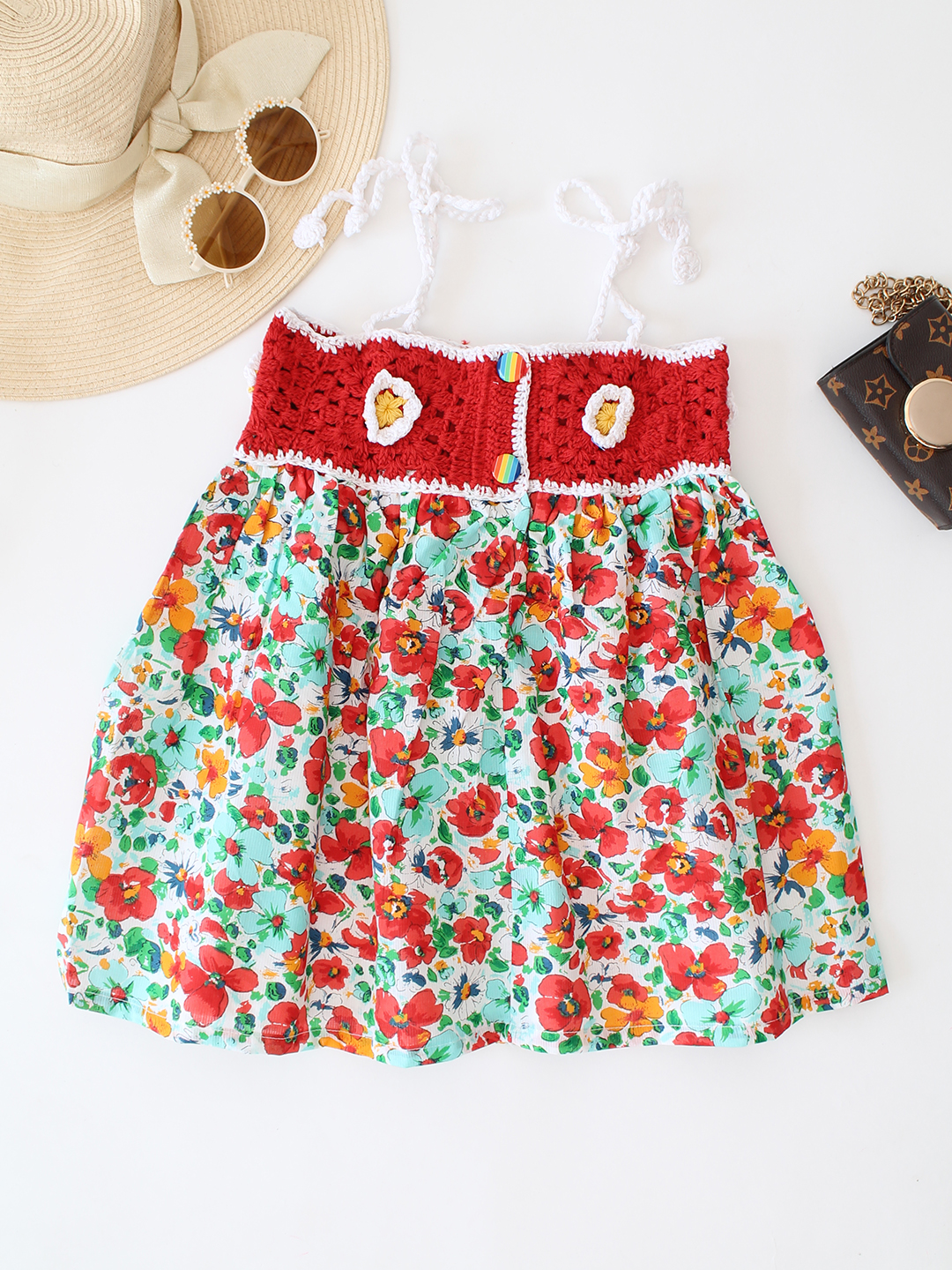 Woonie Cotton Floral Printed Crochet Summer Dress - Red