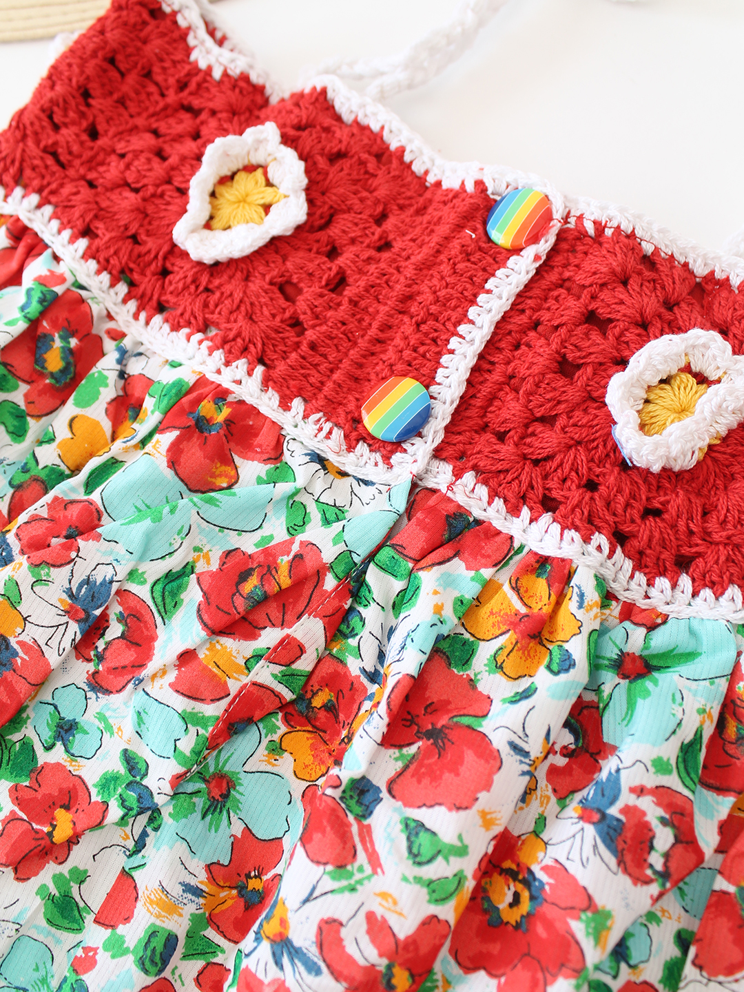Woonie Cotton Floral Printed Crochet Summer Dress - Red