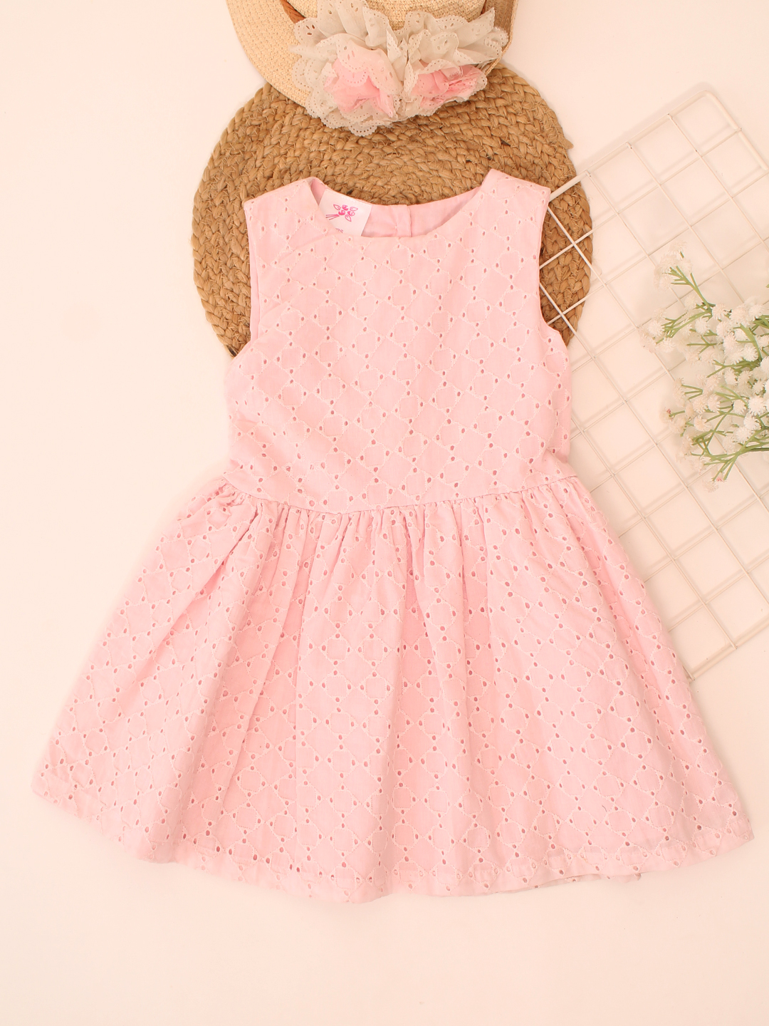 Woonie Sleeveless Schiffli Frock - Pink