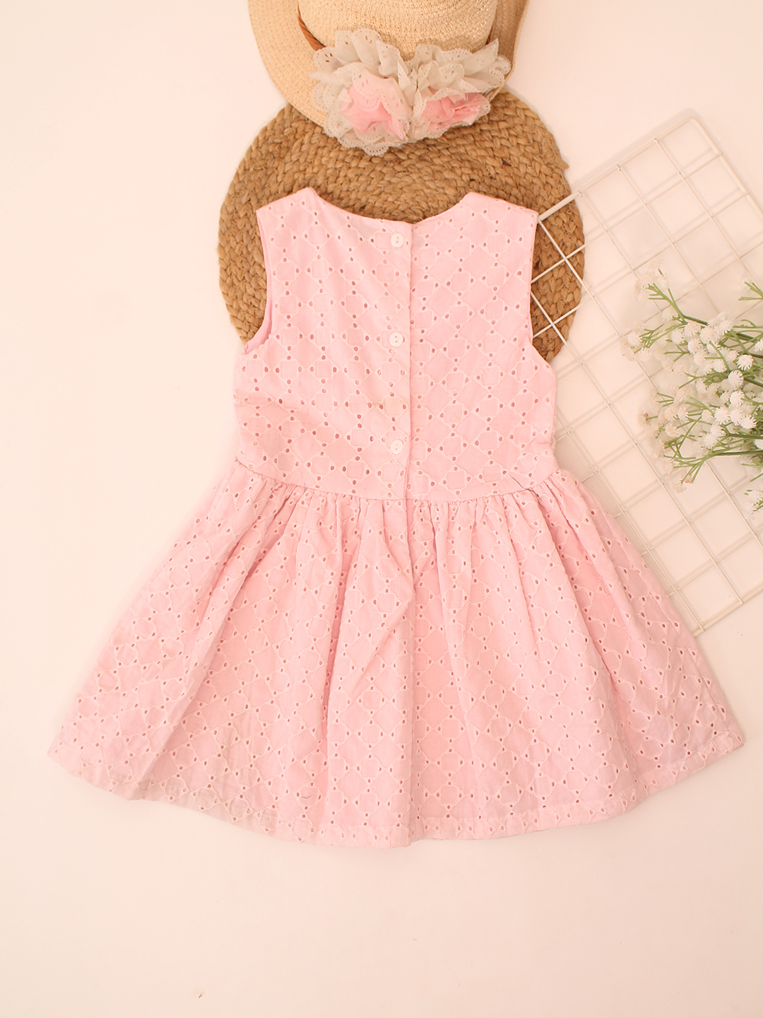 Woonie Sleeveless Schiffli Frock - Pink