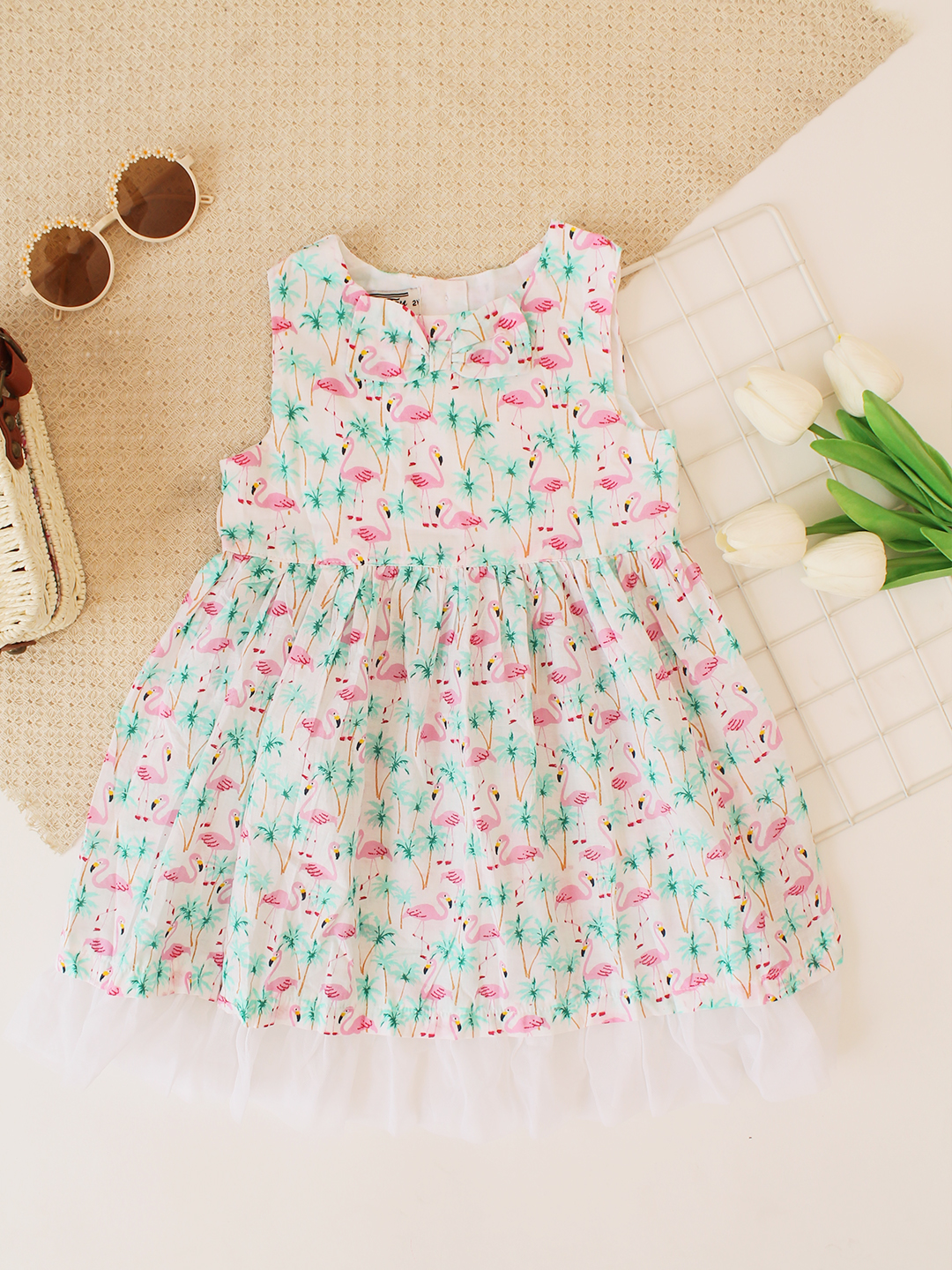 Woonie Sleeveless Swan Printed Frock - Green