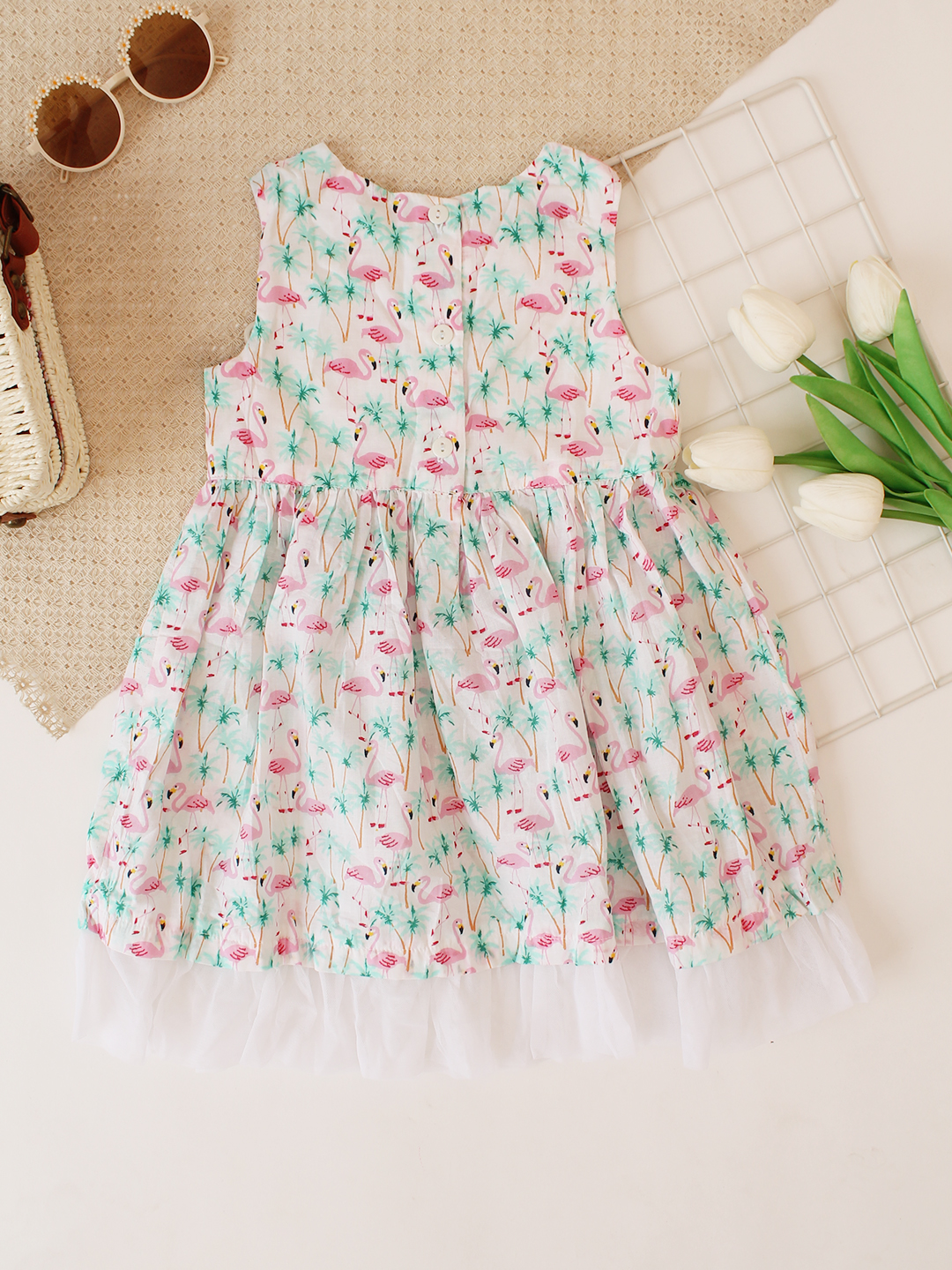 Woonie Sleeveless Swan Printed Frock - Green
