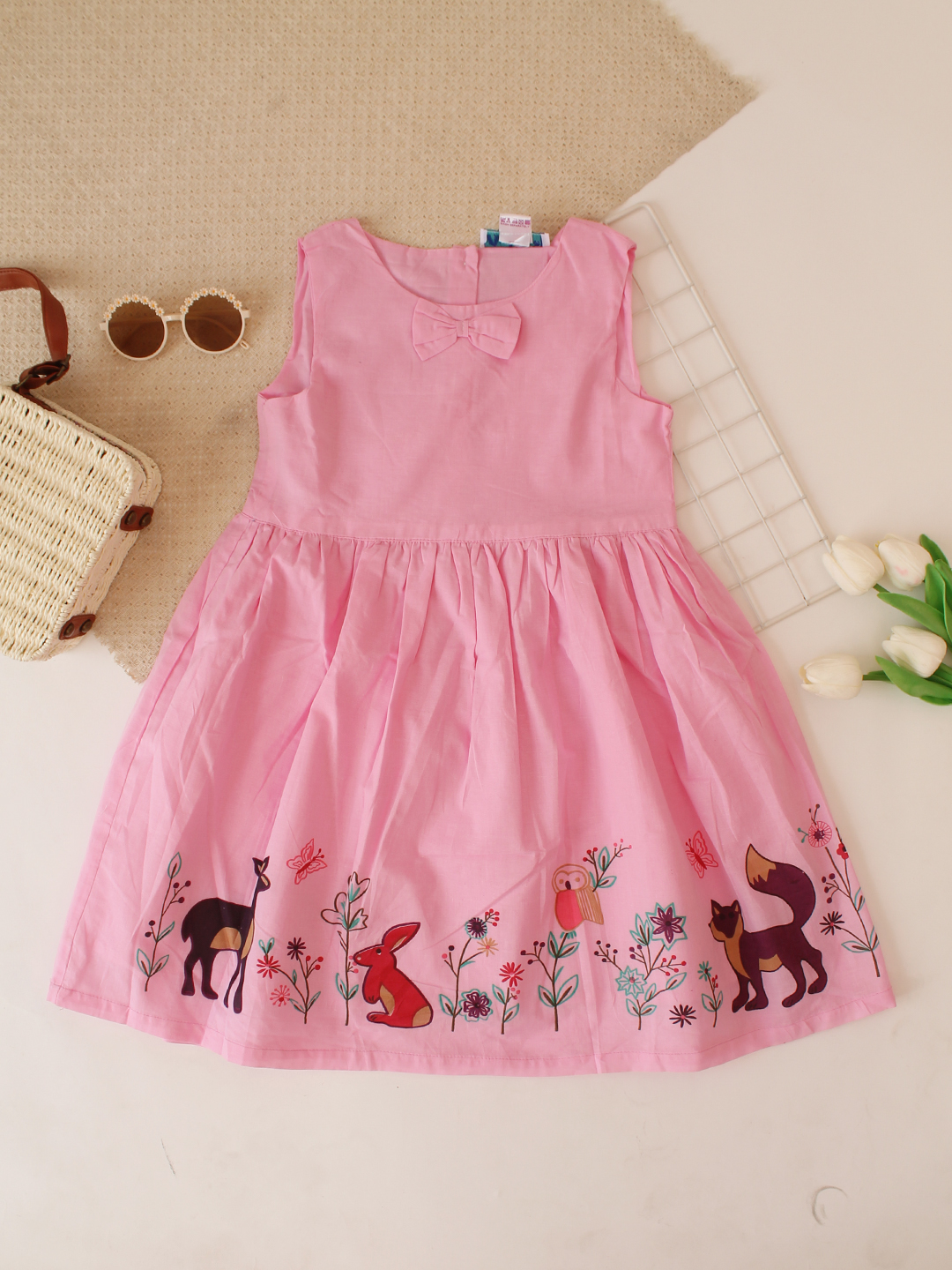 Woonie Sleeveless Animal Printed Bow Detaling Frock- Pink