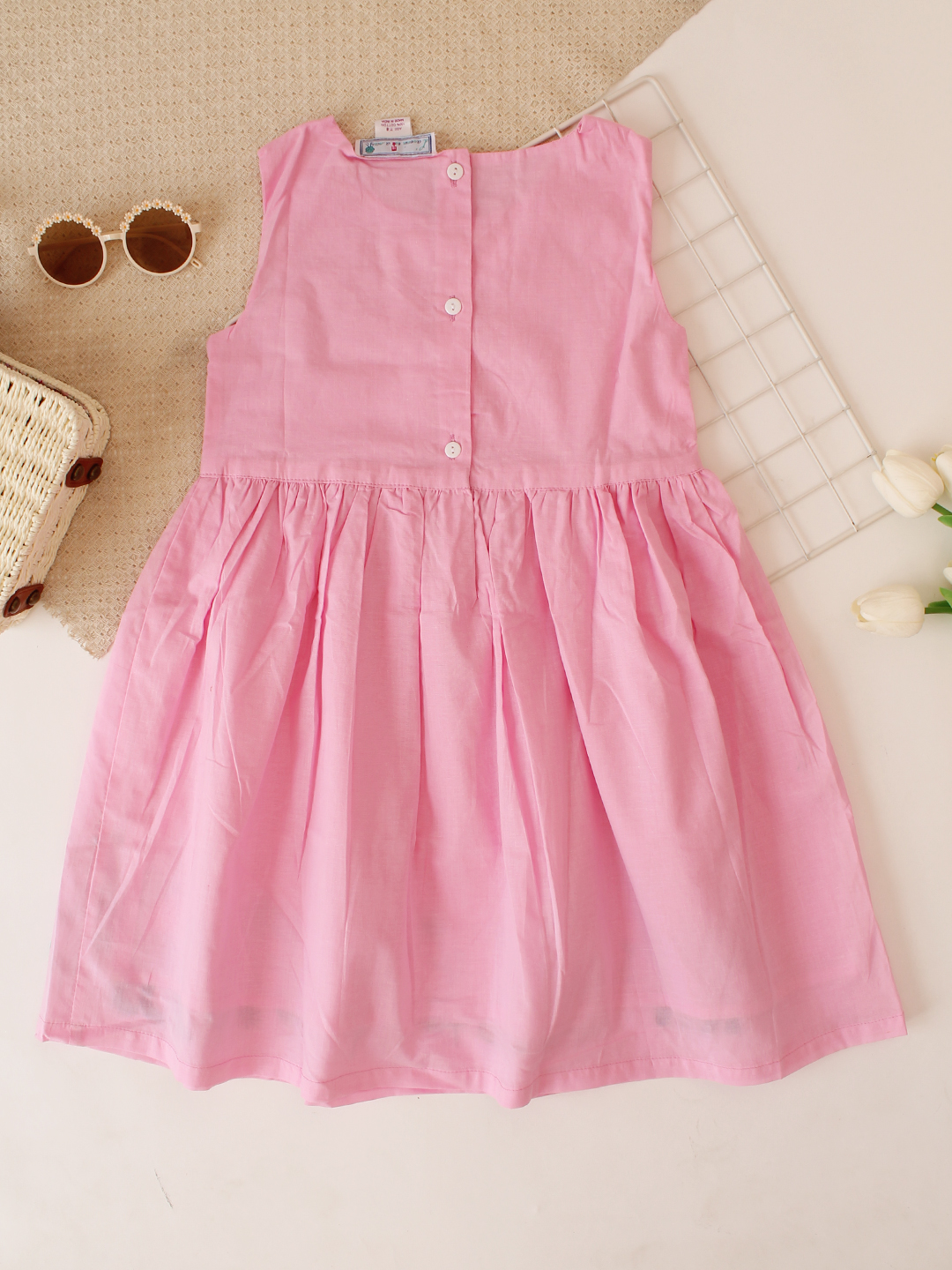 Woonie Sleeveless Animal Printed Bow Detaling Frock- Pink