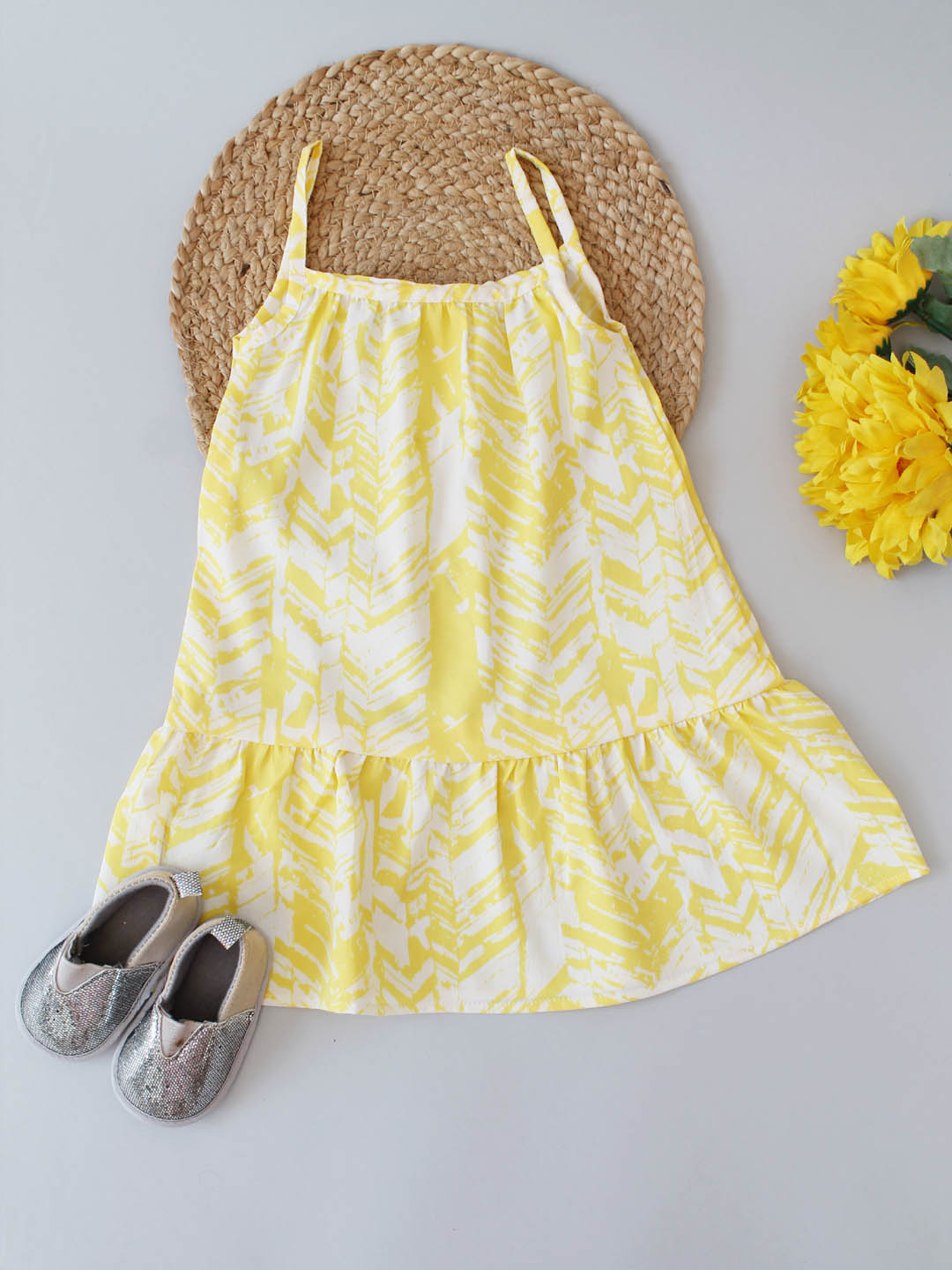 Woonie Sleeveless Printed Flared Frock - Yellow