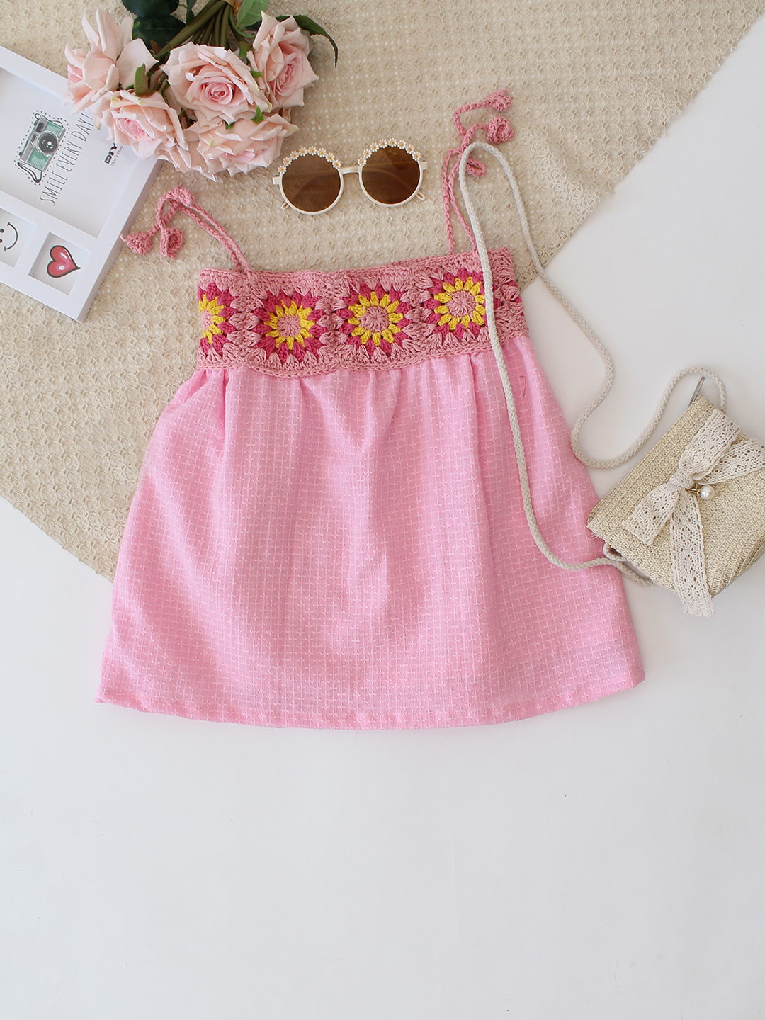 Cotton Crochet Floral Frock - Pink