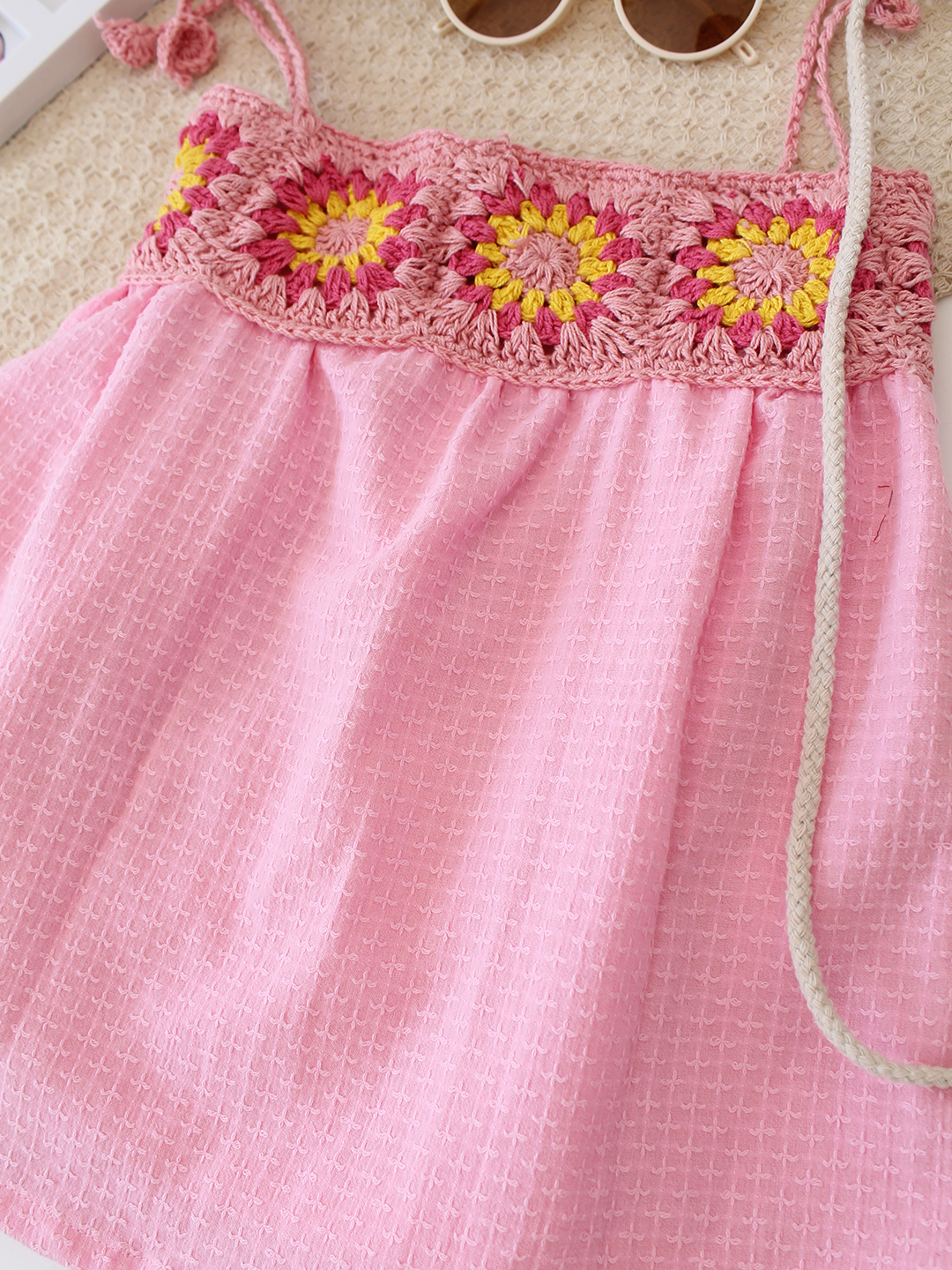 Cotton Crochet Floral Frock - Pink