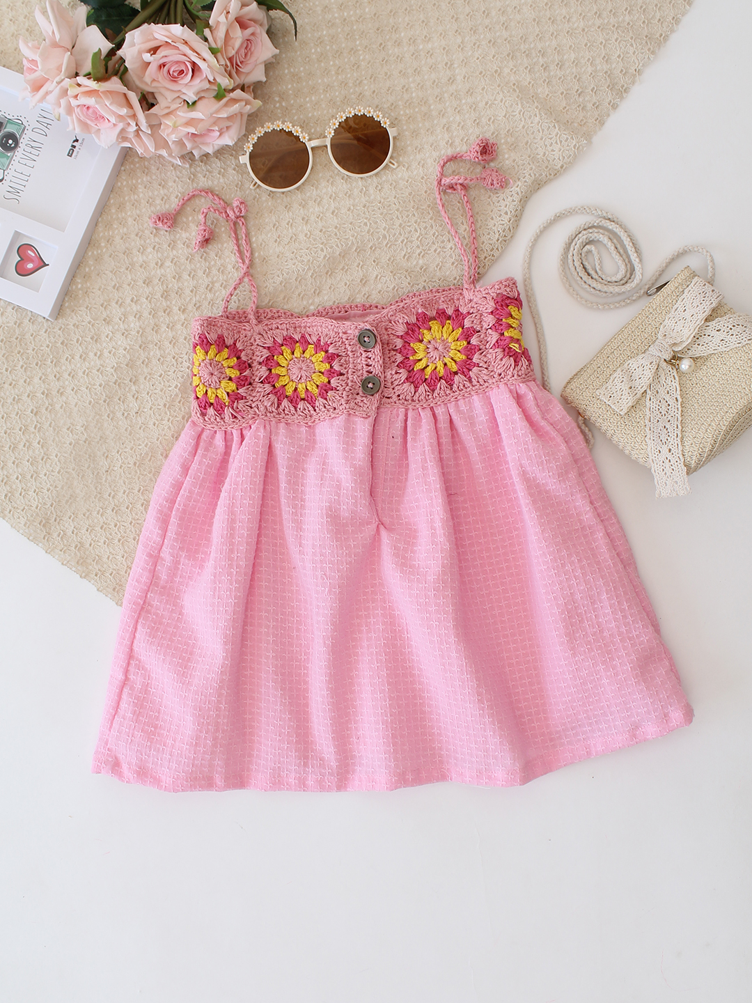 Cotton Crochet Floral Frock - Pink