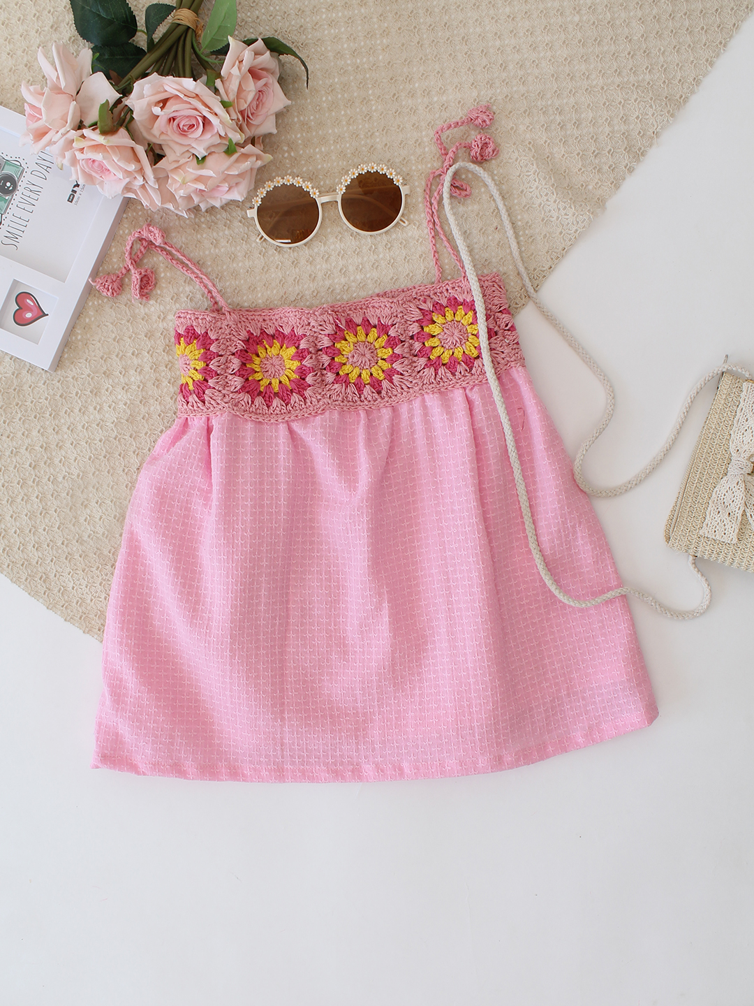 Cotton Crochet Floral Frock - Pink