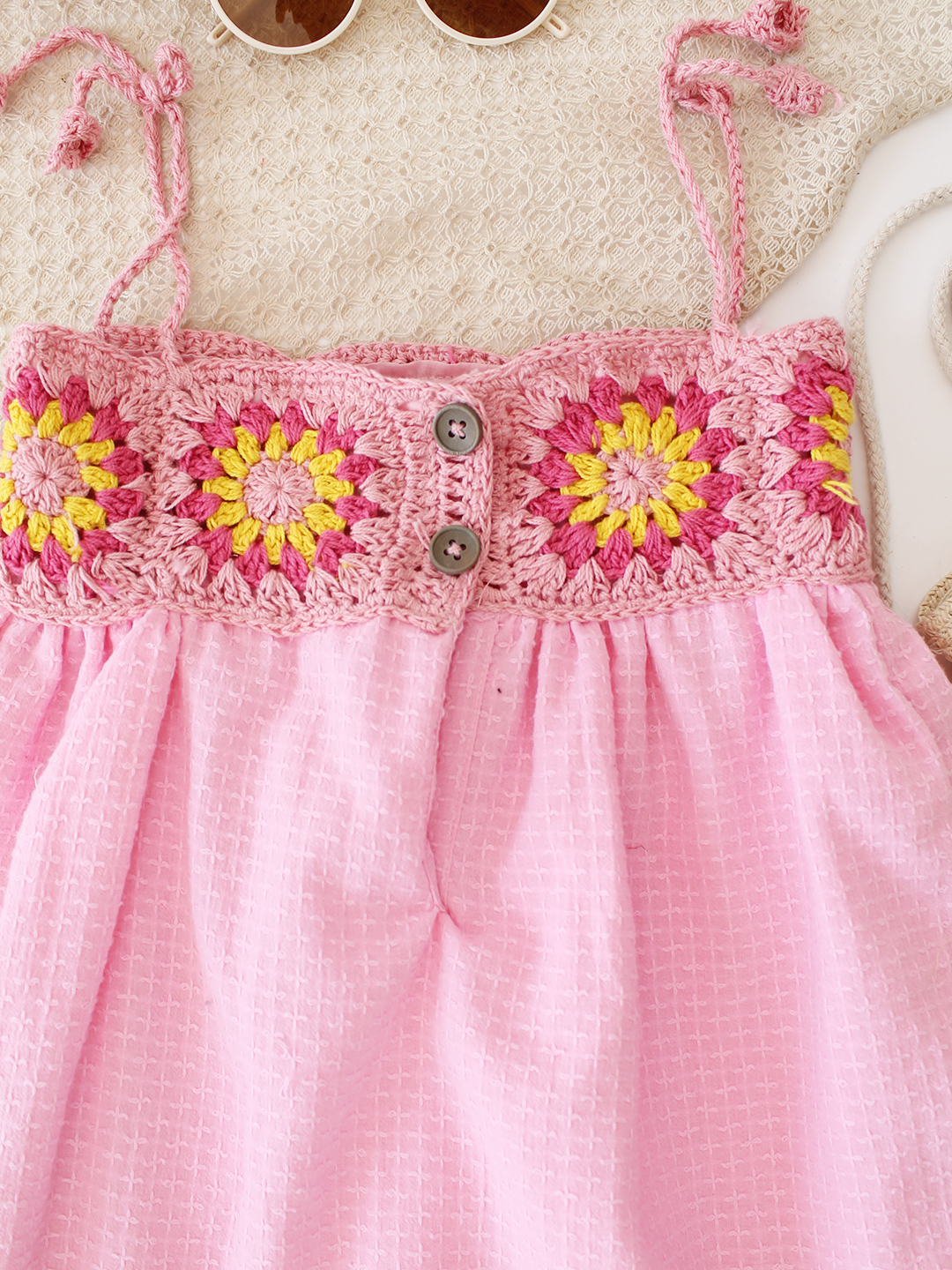 Cotton Crochet Floral Frock - Pink