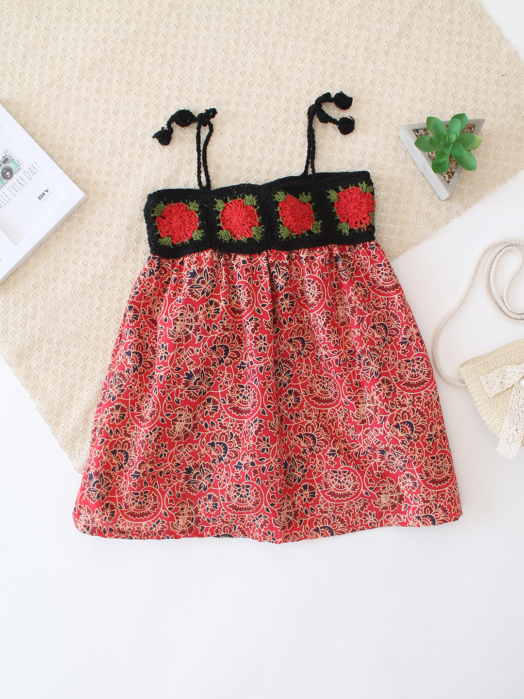 Cotton Crochet Rose Frock - Red