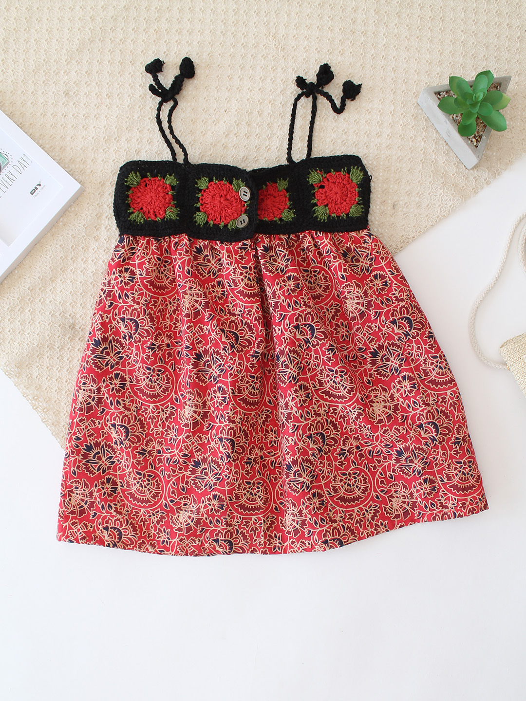 Cotton Crochet Rose Frock - Red