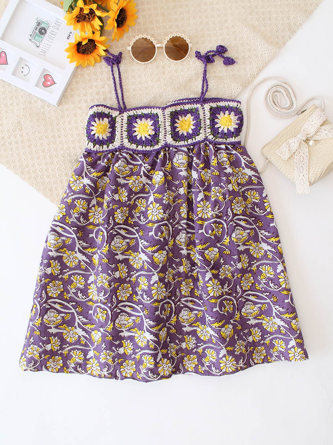 Cotton Crochet Floral Frock - Purple
