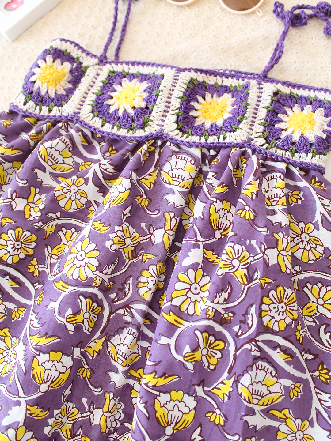Cotton Crochet Floral Frock - Purple