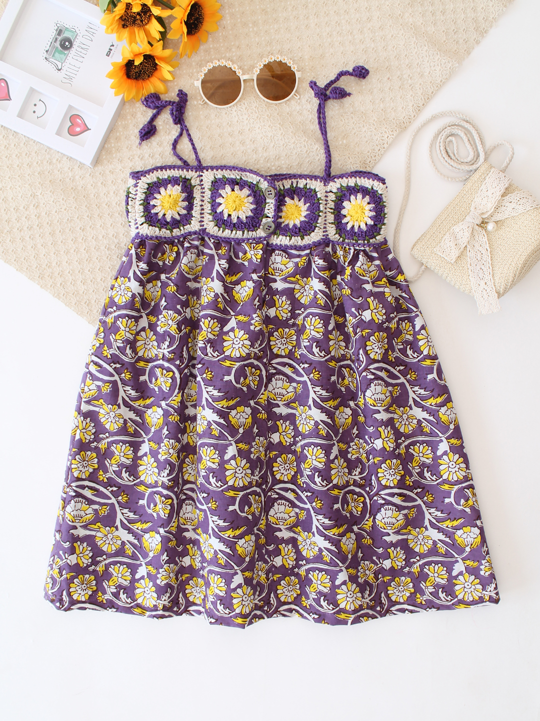 Cotton Crochet Floral Frock - Purple