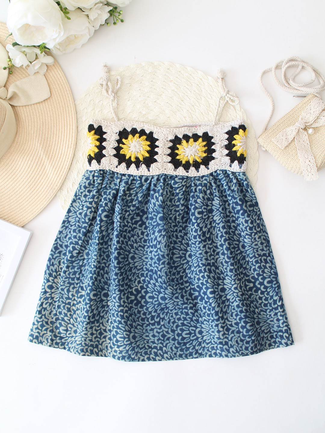 Cotton Crochet Granny Square Floral Frock - Blue