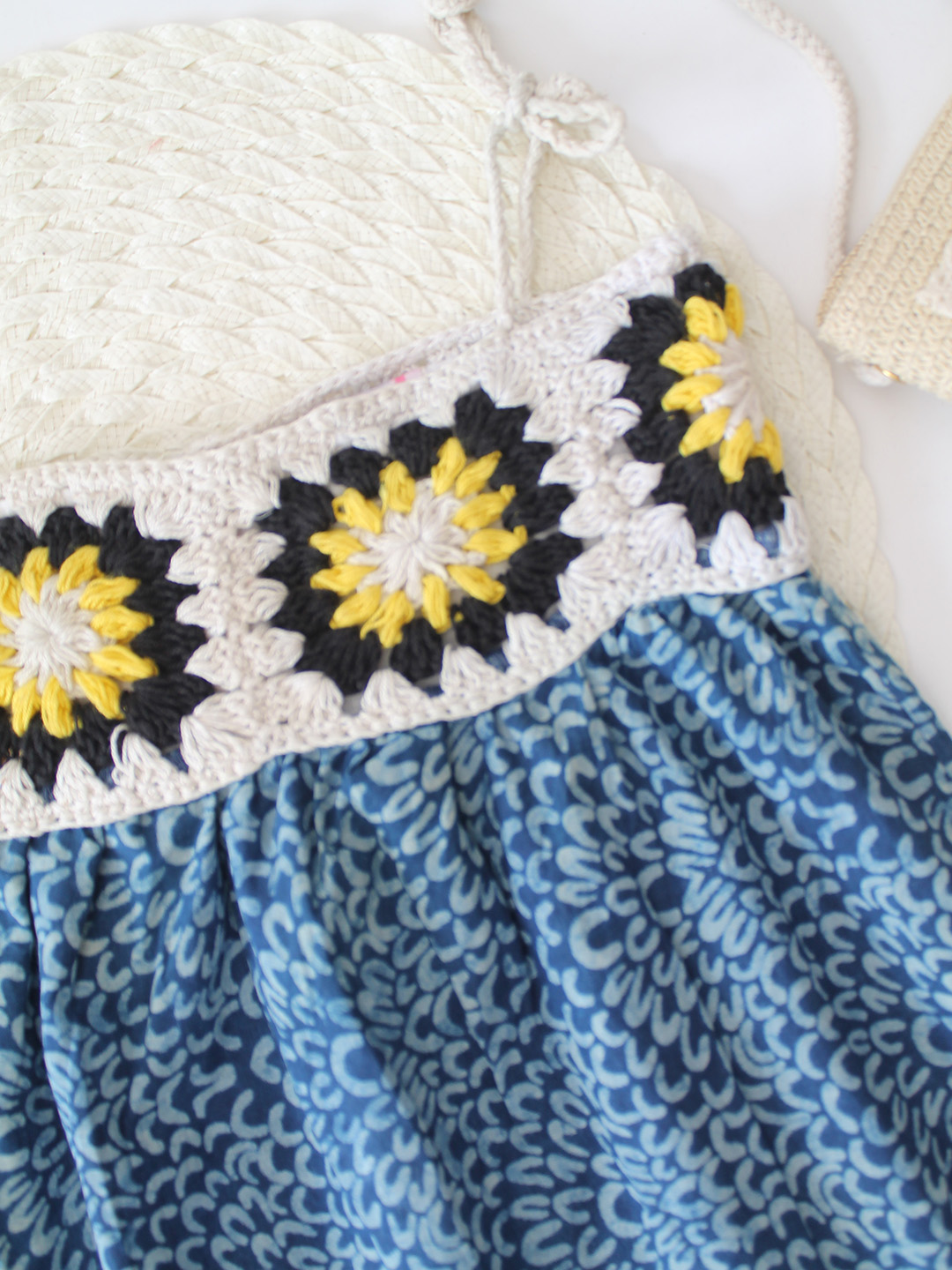 Cotton Crochet Granny Square Floral Frock - Blue