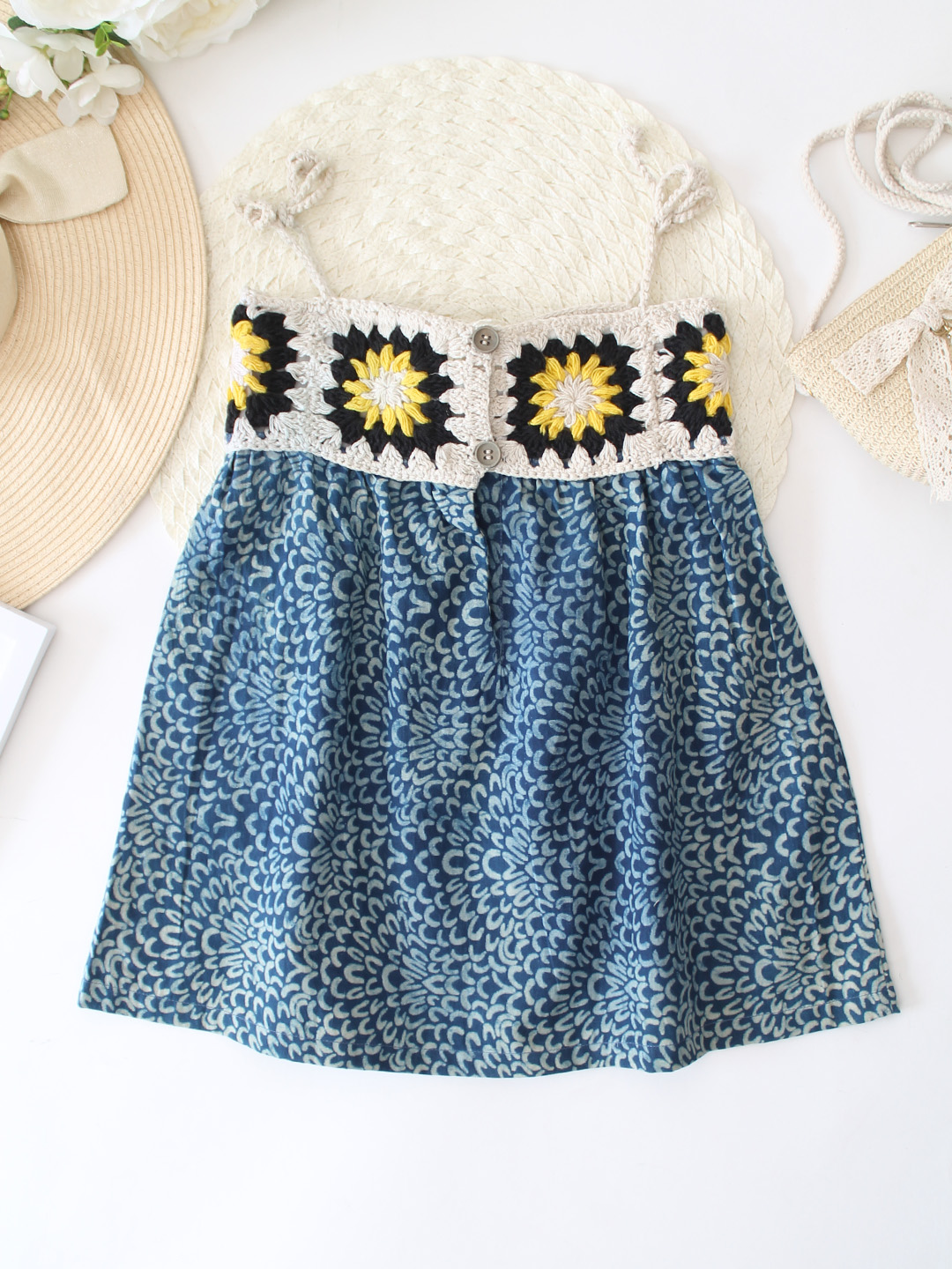 Cotton Crochet Granny Square Floral Frock - Blue
