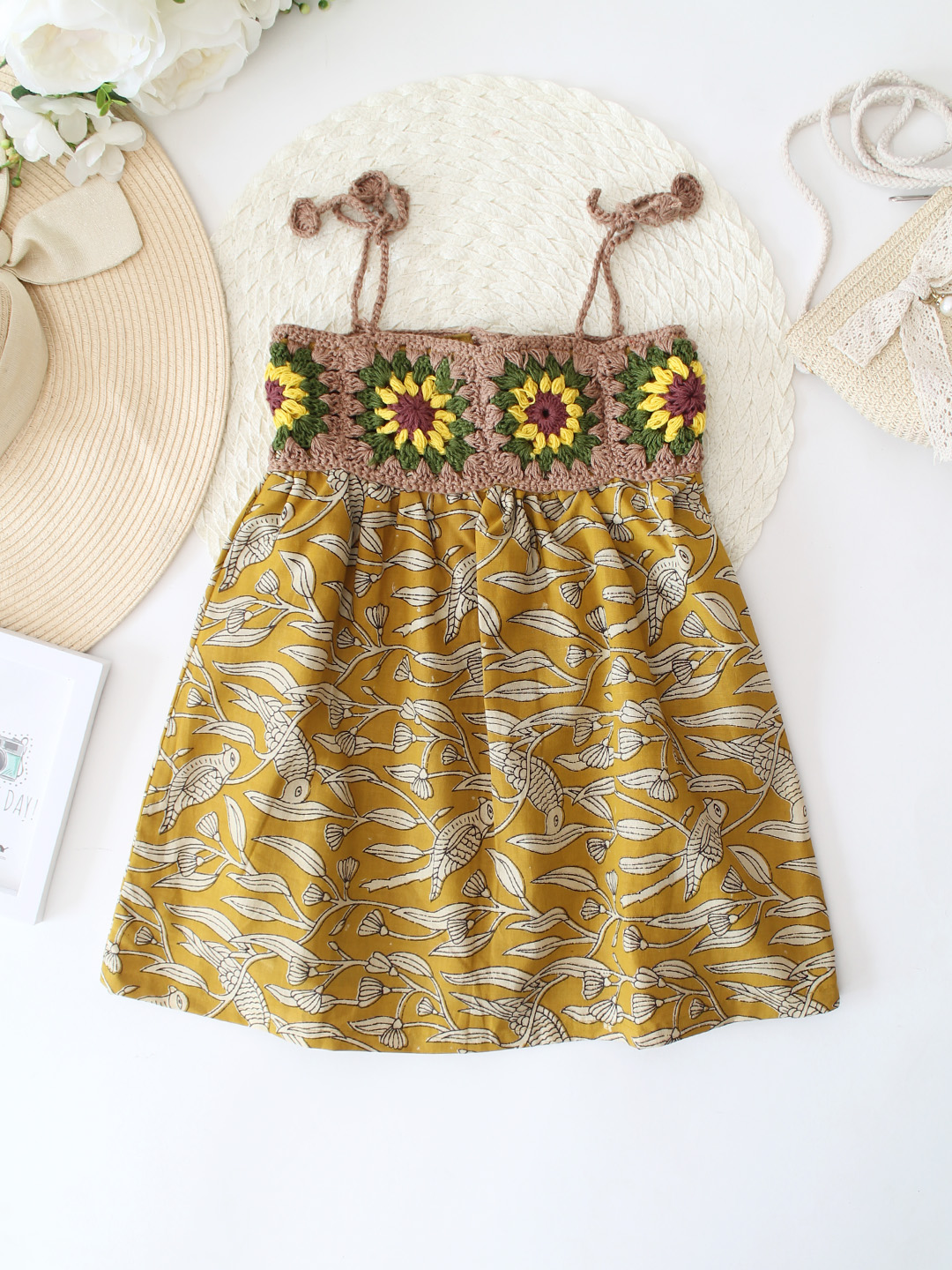 Cotton Crochet Jaipuri Block Printed Frock with Crochet Yoke - Mustard