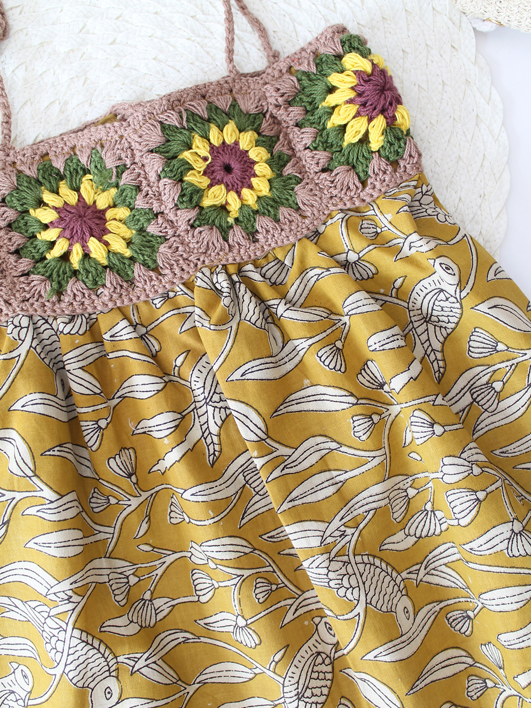 Cotton Crochet Jaipuri Block Printed Frock with Crochet Yoke - Mustard