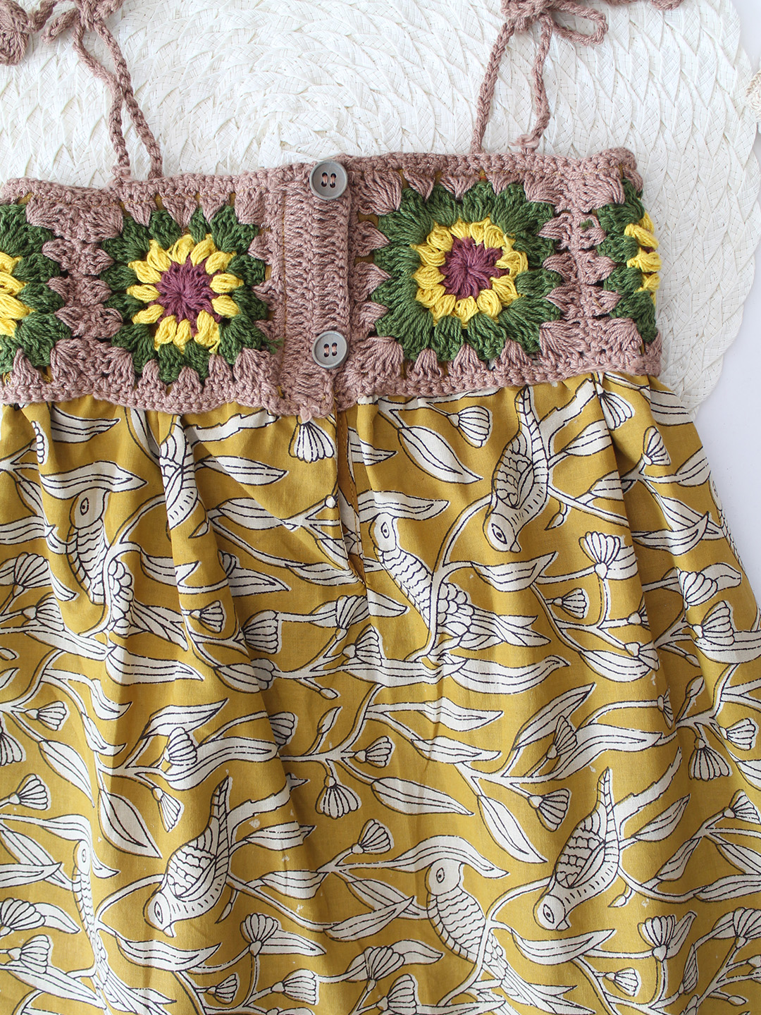 Cotton Crochet Jaipuri Block Printed Frock with Crochet Yoke - Mustard