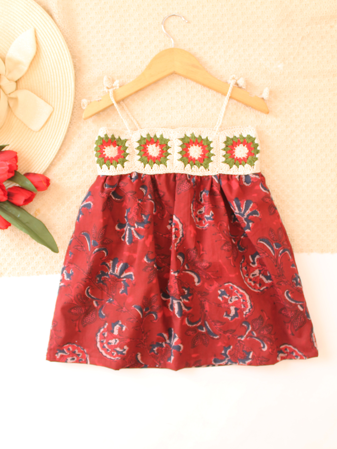 Cotton Crochet Jaipuri Block Printed Frock with Crochet Yoke - Red