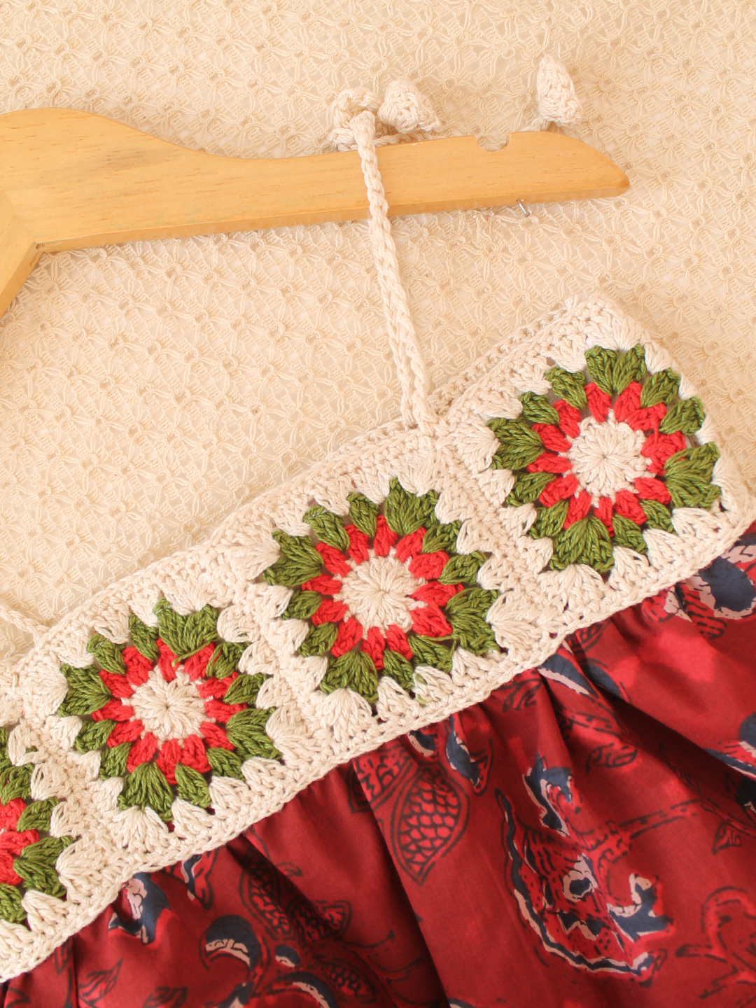 Cotton Crochet Jaipuri Block Printed Frock with Crochet Yoke - Red