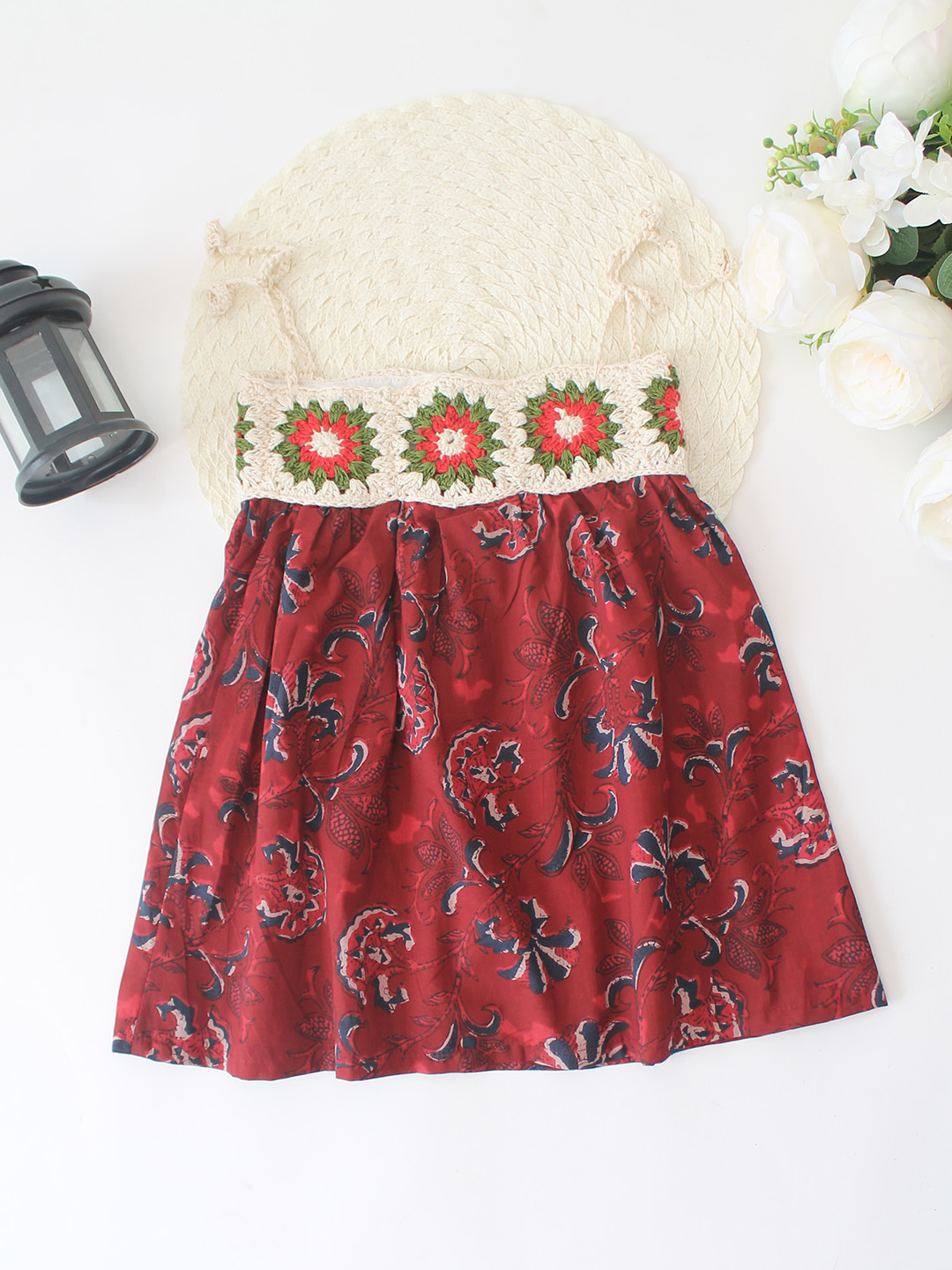 Cotton Crochet Jaipuri Block Printed Frock with Crochet Yoke - Red