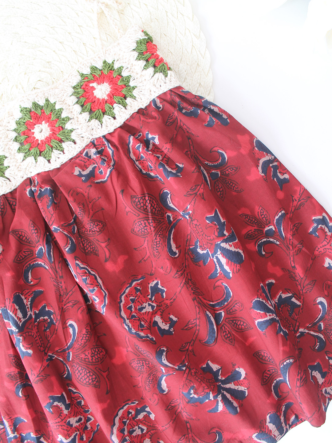 Cotton Crochet Jaipuri Block Printed Frock with Crochet Yoke - Red