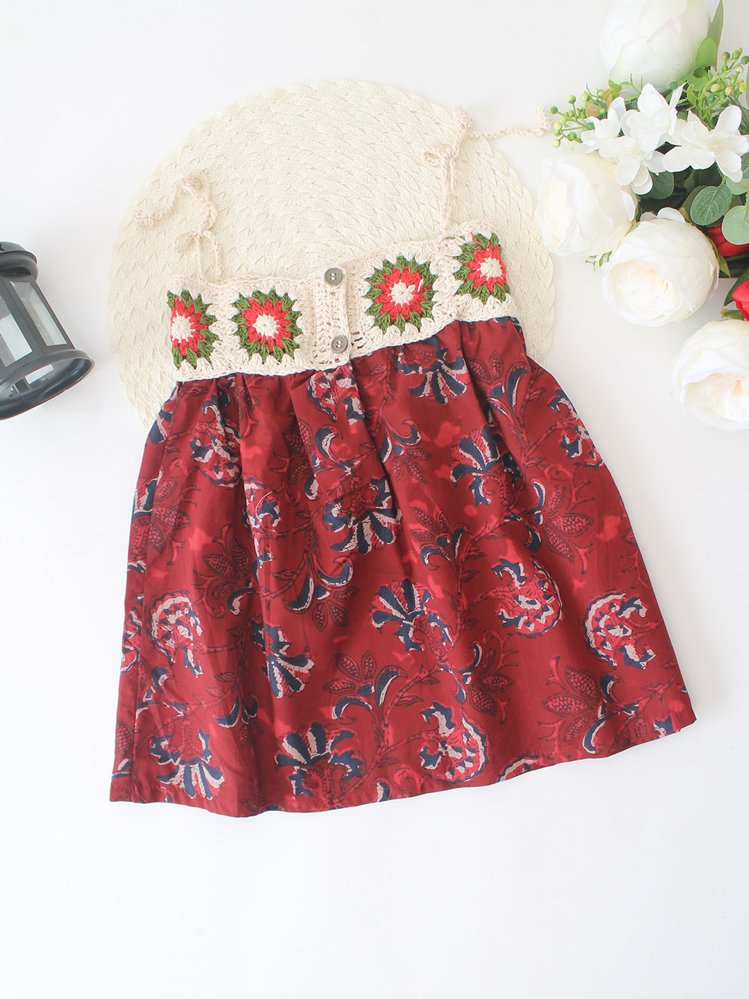 Cotton Crochet Jaipuri Block Printed Frock with Crochet Yoke - Red