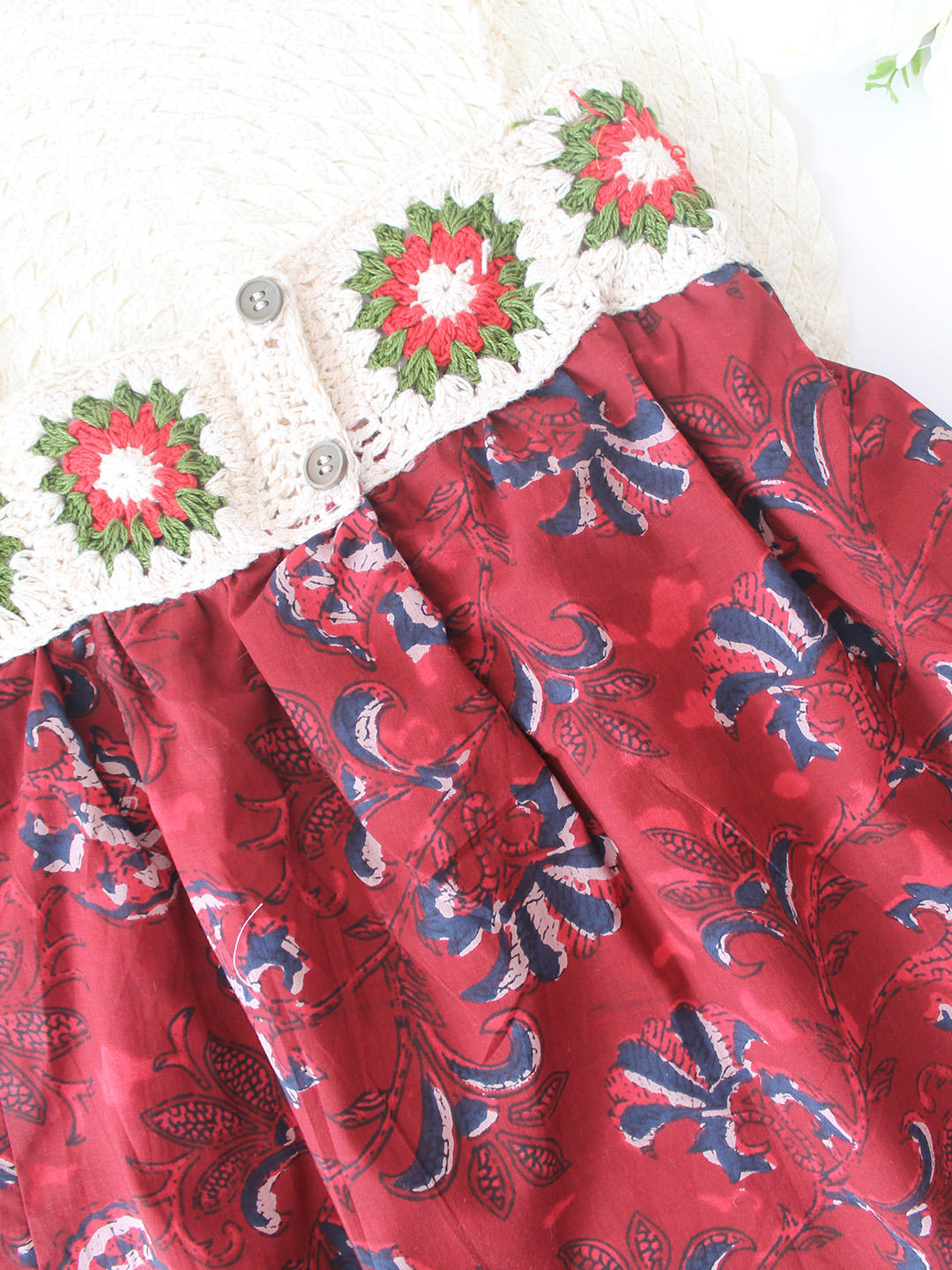 Cotton Crochet Jaipuri Block Printed Frock with Crochet Yoke - Red