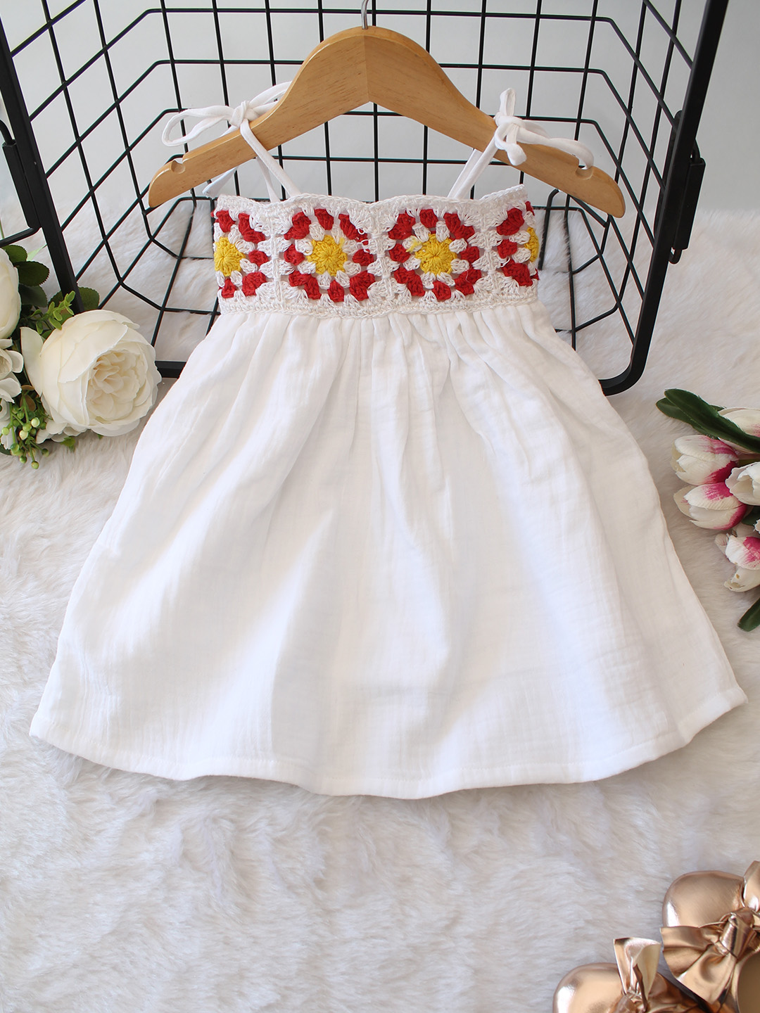 Cotton Floral Crochet Yoke Detailed Frock - White