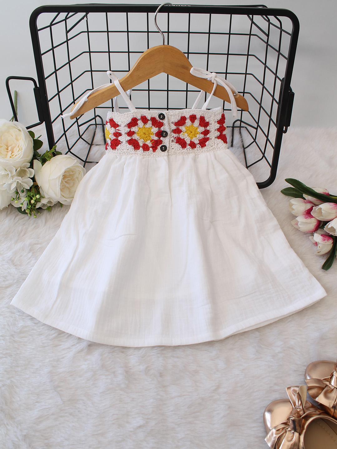 Cotton Floral Crochet Yoke Detailed Frock - White