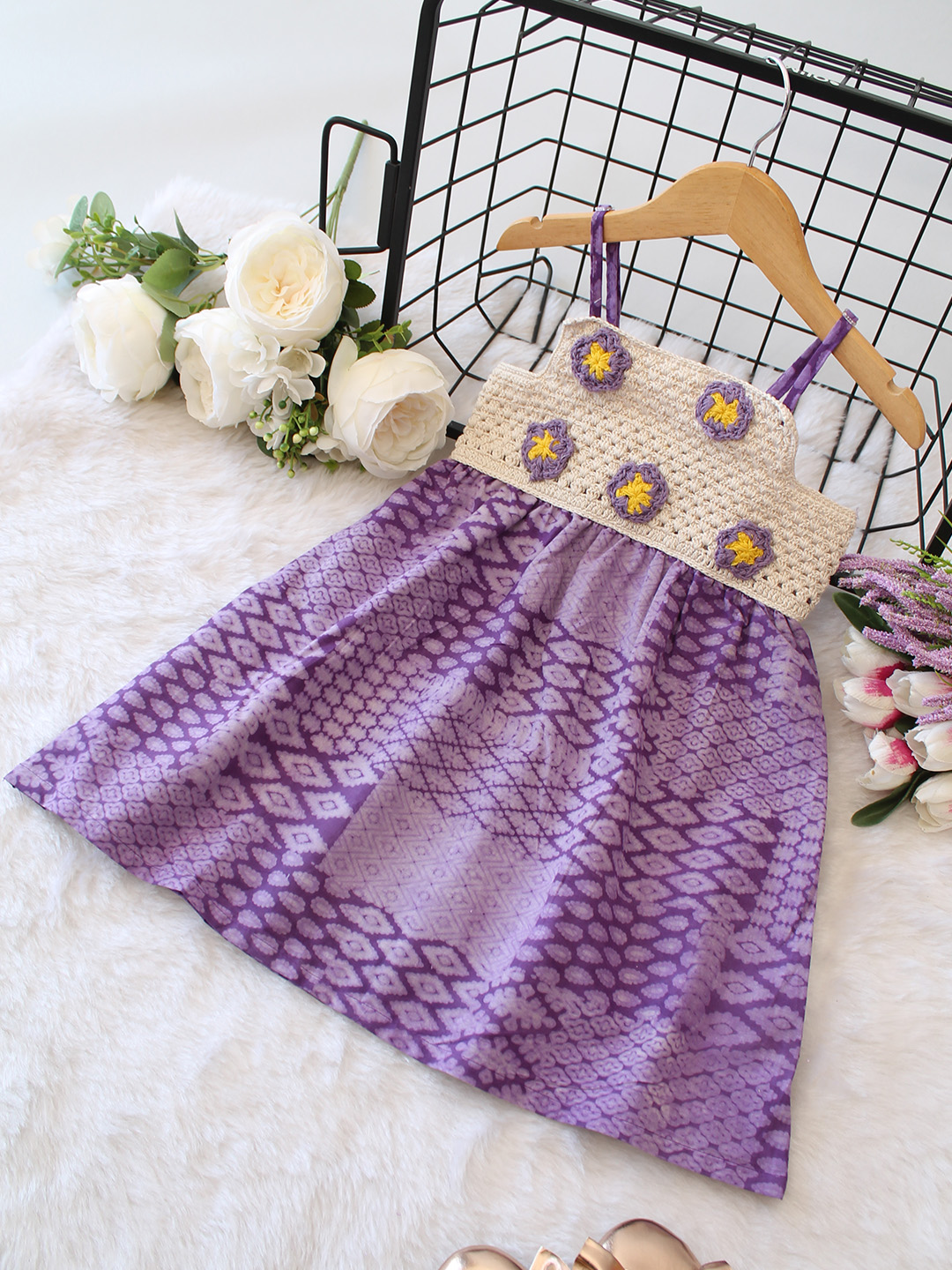 Crochet Floral Purple Frock with Adjustable Straps