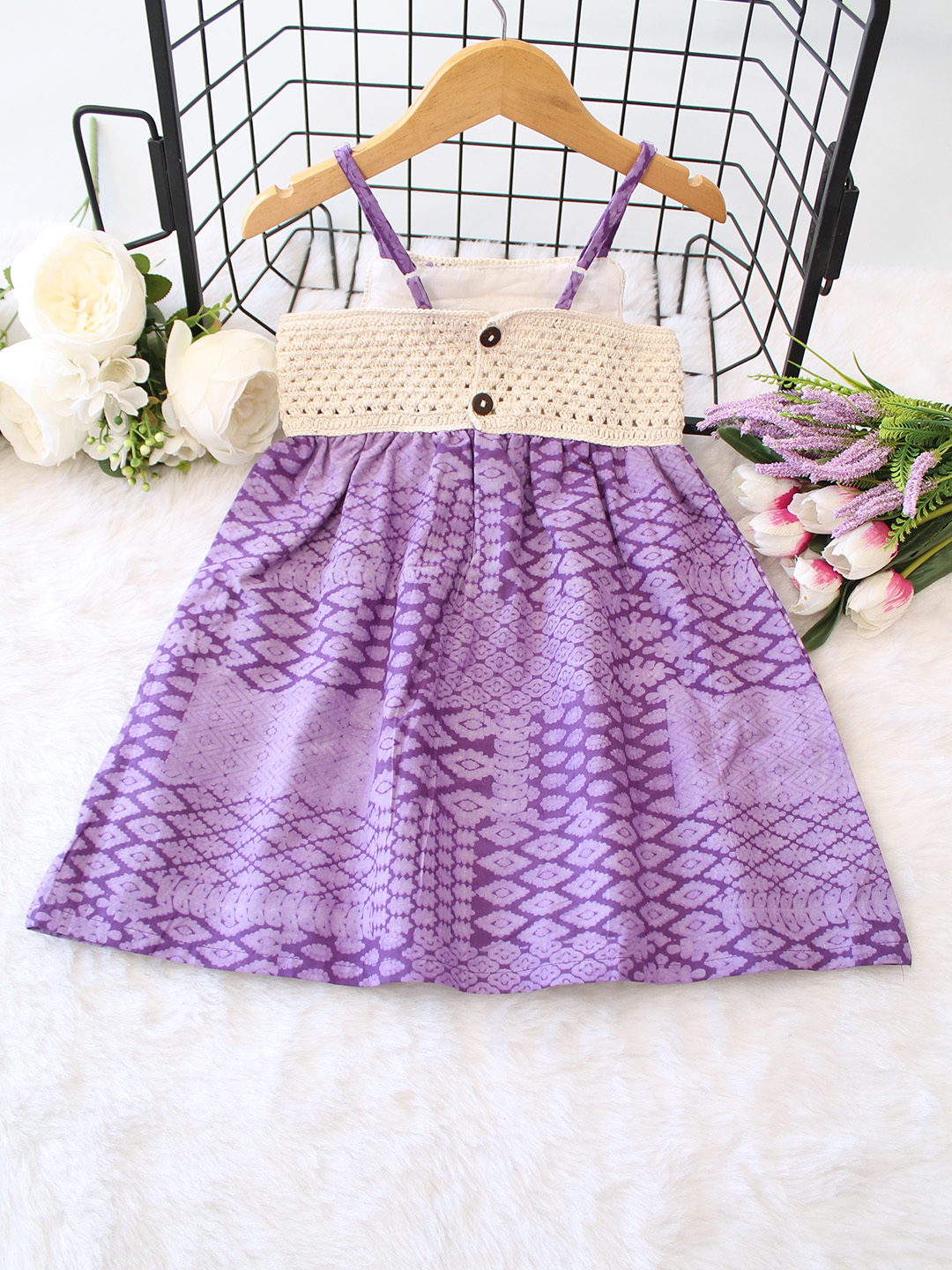 Crochet Floral Purple Frock with Adjustable Straps