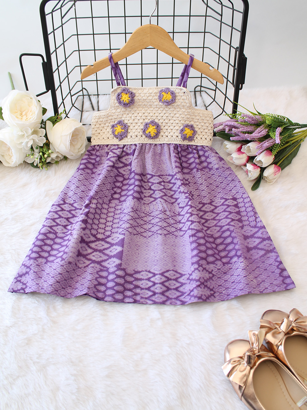 Crochet Floral Purple Frock with Adjustable Straps