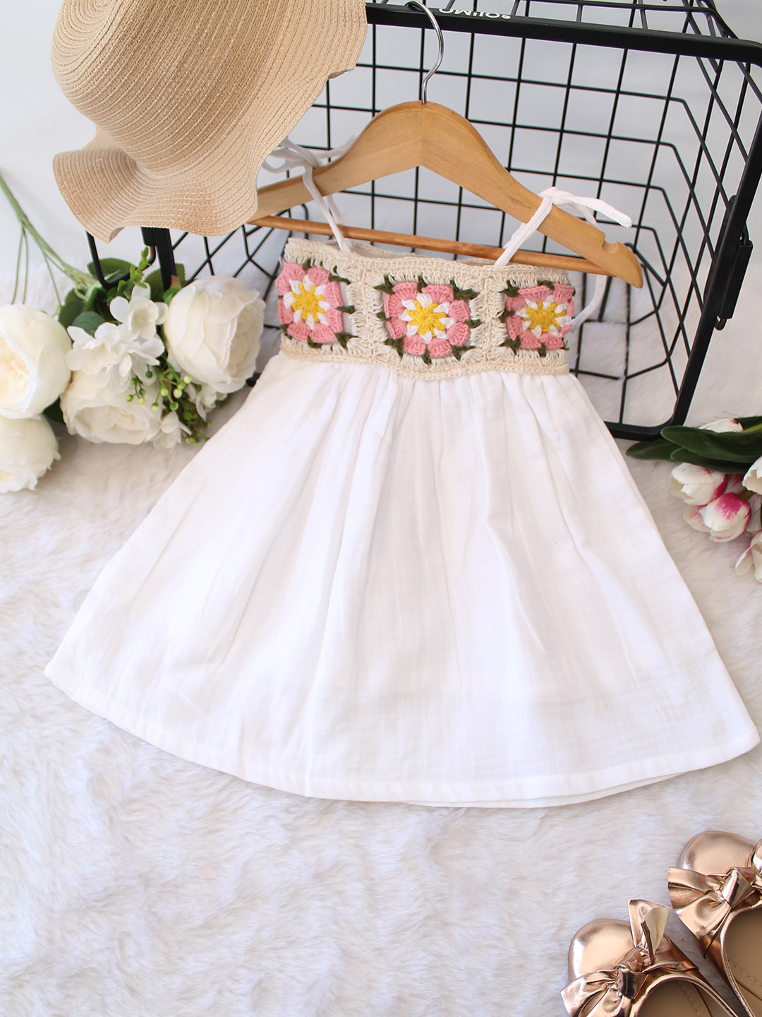 Cotton Floral Crochet Yoke Detailed Frock - White